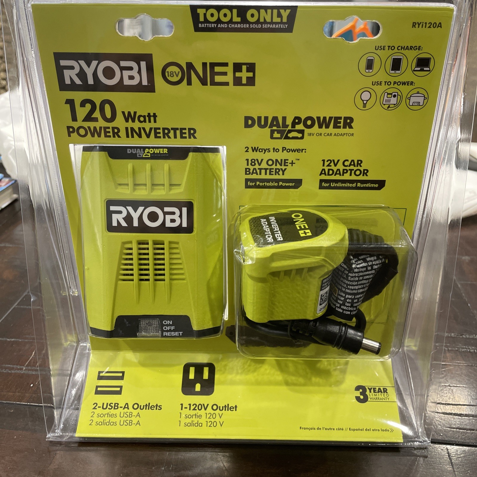 RYOBI ONE+ 18V 120-Watt 12V Automotive Power Inverter – Dual USB Ports – RYi120A