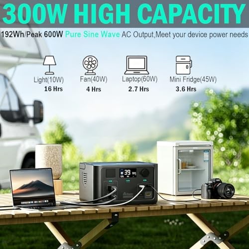 Portable Power Station 300W, 600W Peak Backup LiFePO4 Battery 192Wh Solar Black