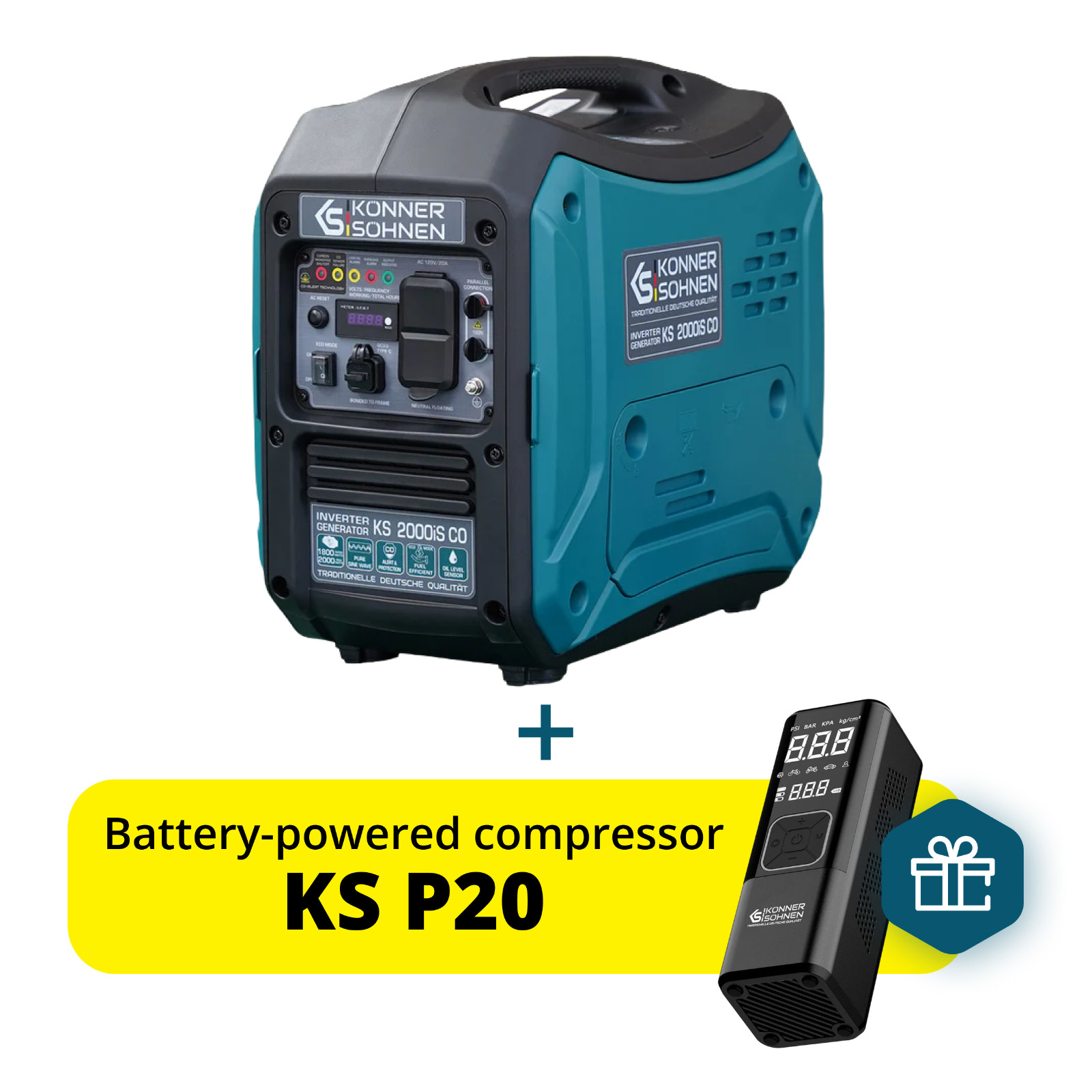 Könner Söhnen 2000W Quiet Portable Gas Inverter Generator + Free Tire Inflator