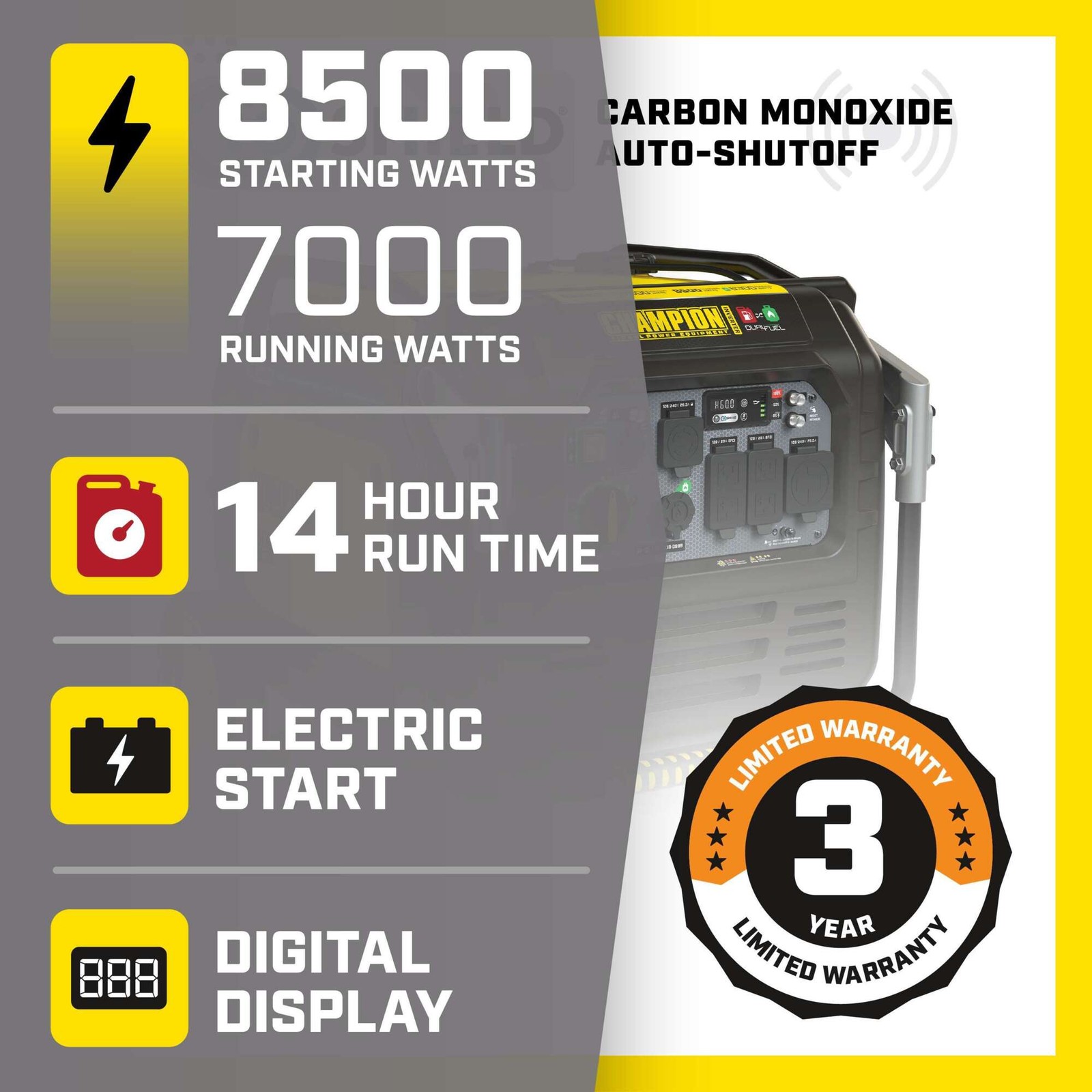 Champion Power Equipment, 8500/7000w Dual Fuel Inverter Generator Ele Start,
