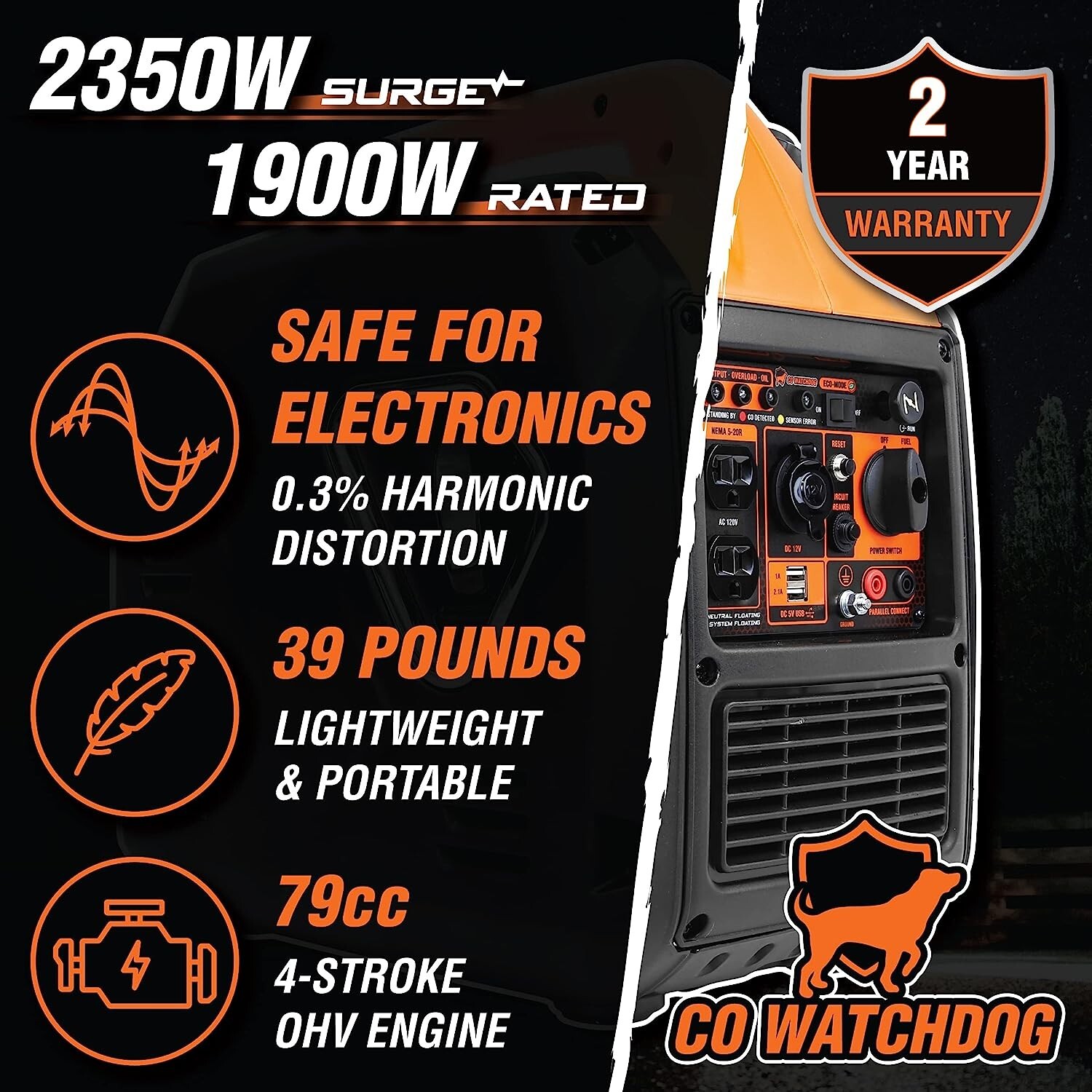 WEN 56235iX 2350-Watt Portable Inverter Generator with Fuel Shut Off , CO Sensor
