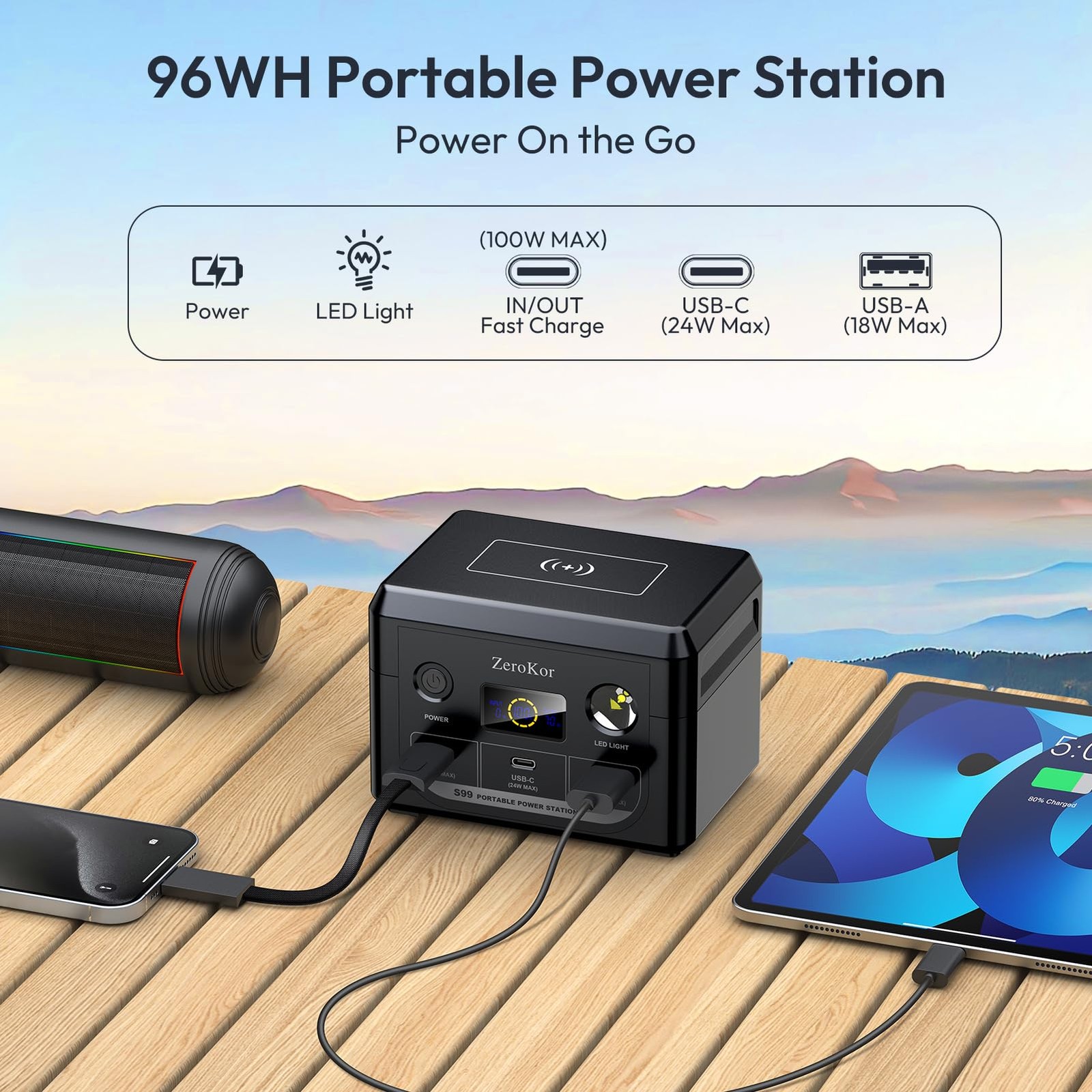 100W Portable Power Station, 96Wh Small Generator 30000mAh LiFePO4 Dark Grey