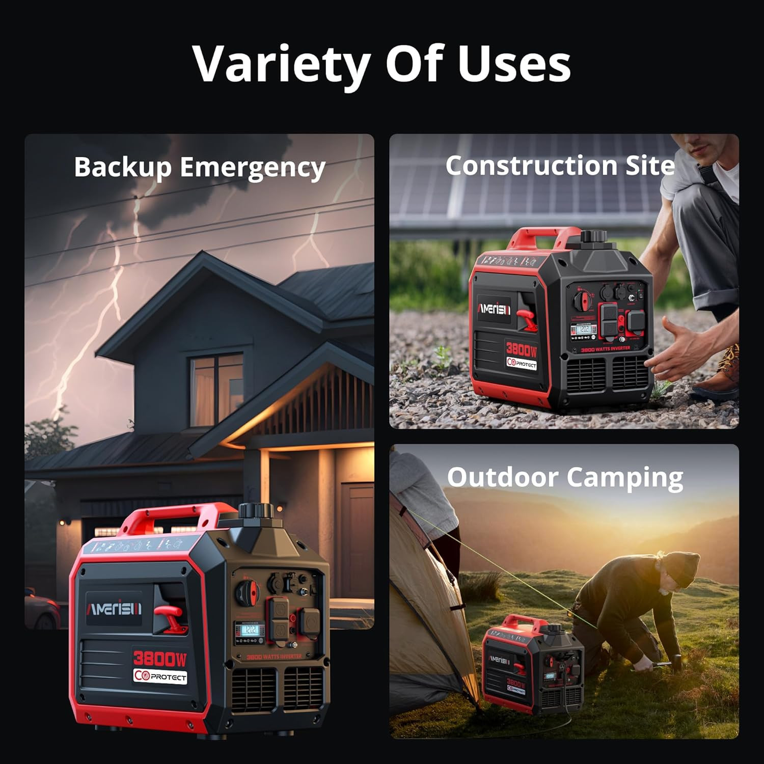 3800W Portable Inverter Generator with CO Sensor – Quiet & Lightweight for RV/Ca