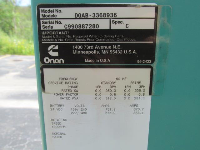 Onan DQAB-3368936 Cummins Diesel Generator 225/250 kW 4950 Hrs 3 PH 240/480v