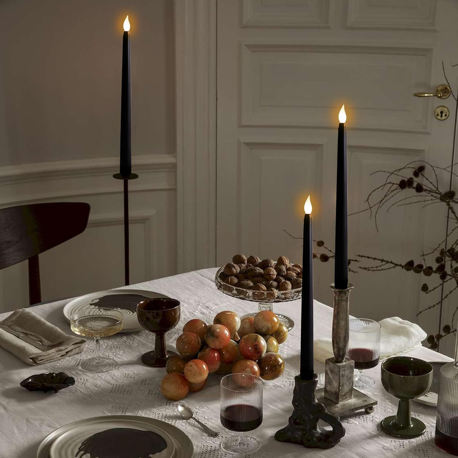 24Pcs Halloween Black Flameless Taper Candles – Battery Operated 2 AAA Long Deco