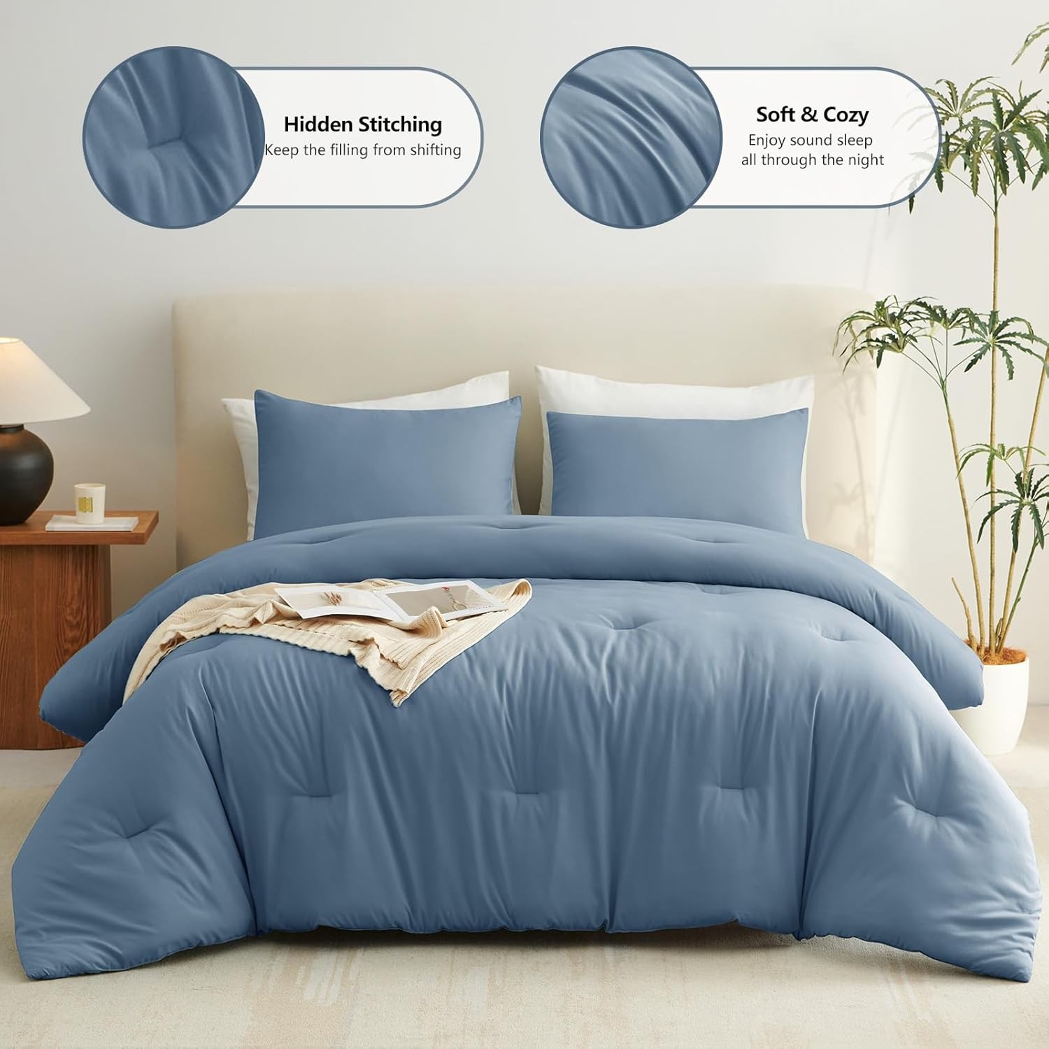 Queen Comforter Set Grayish Blue 1 Comforter & 2 Pillowcases Quilted Soft Fluffy