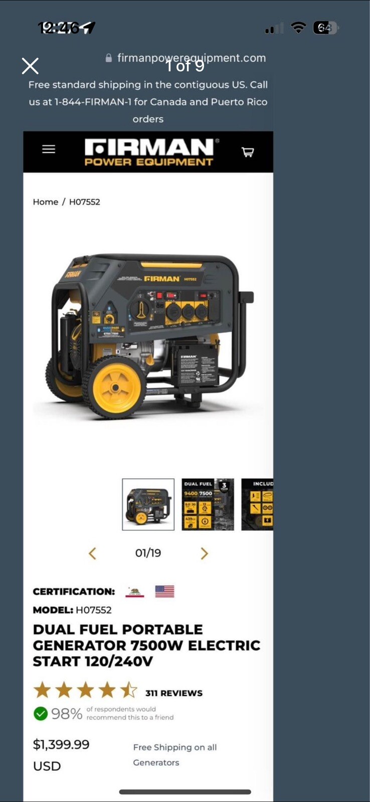 Firman Hybrid 7500-Watt Portable Generator