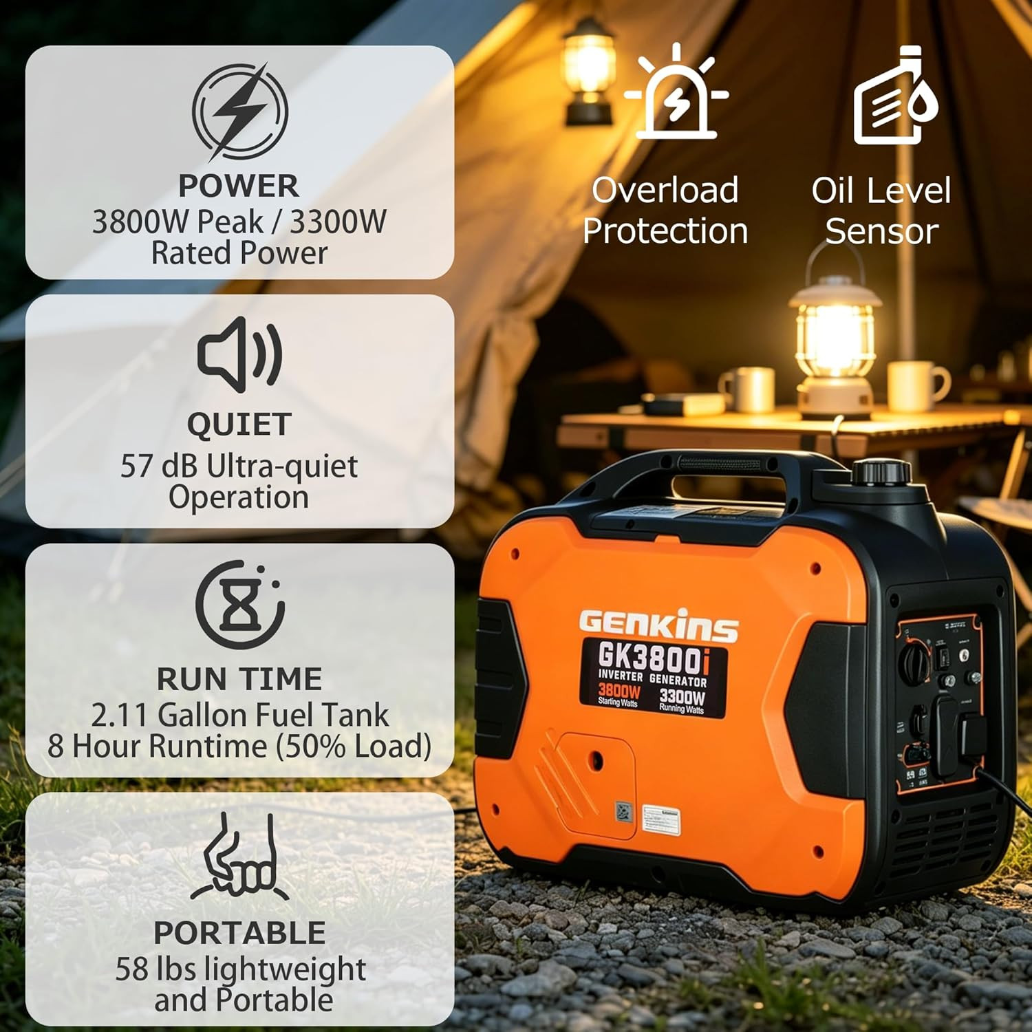 3800W Portable Inverter Generator,Gas Powered,163Cc 4-Stroke Ohv,Parallel Capabl