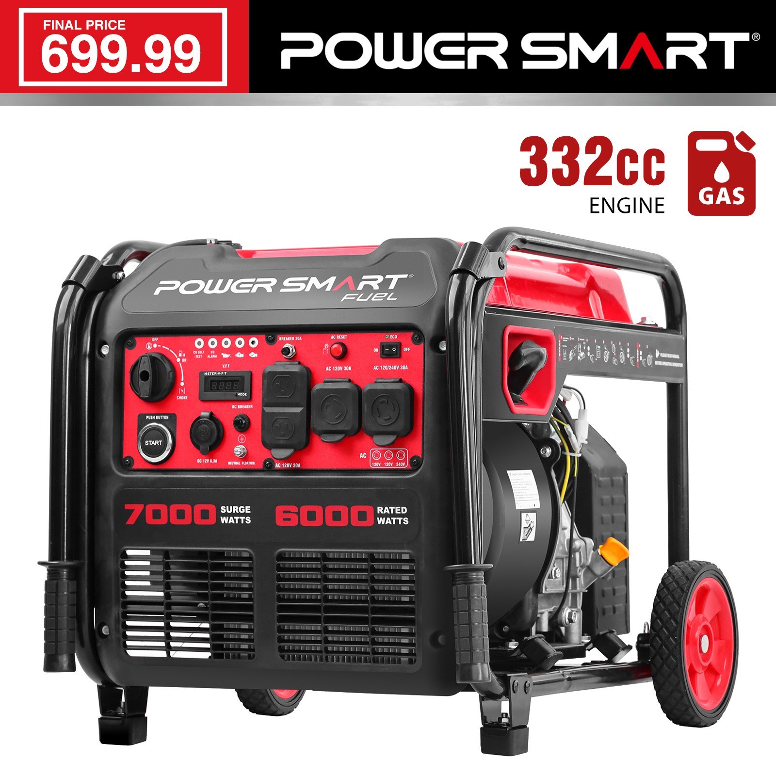 PowerSmart 7000W Gas Inverter Generator, 322cc, 120V Electric Start, Home Backup
