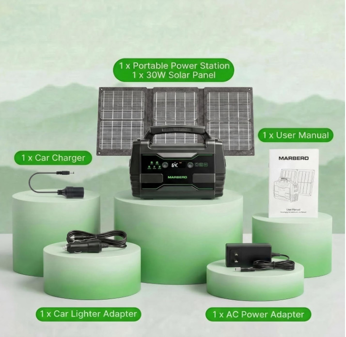Generador Solar Compacto con 2 Salidas AC y Panel 30W para Viajes