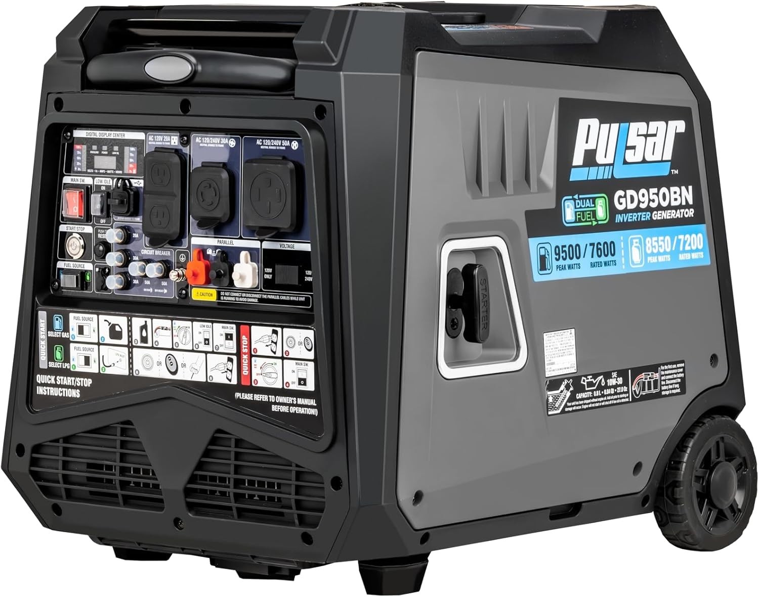 Pulsar 9500-W Quiet Portable TRI Fuel Inverter Generator Remote Start, CO Sensor