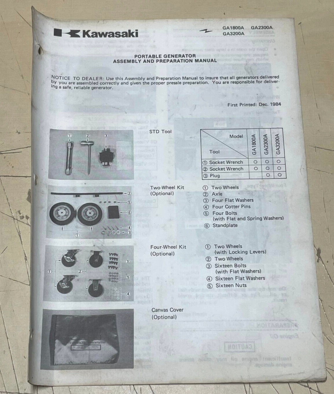 Vtg 1984 Kawasaki GA1800A 2300A 3200A Portable Generator Dealers Assembly Manual