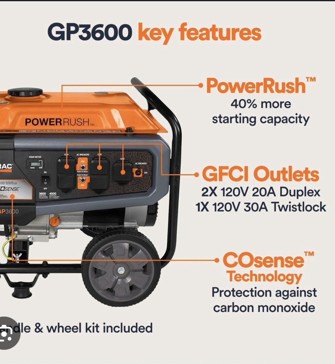 Generac GP3600 Portable Generator 4500W PowerRush COsense Electric Start 120V