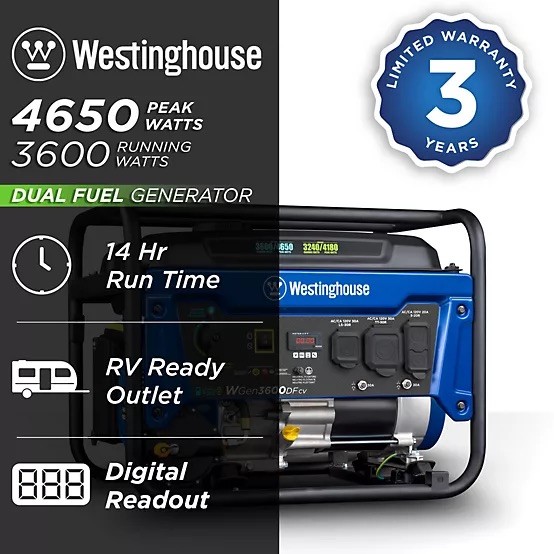 Westinghouse 4,650-W Portable RV Ready Dual Fuel Powered Generator w/ CO Sensor
