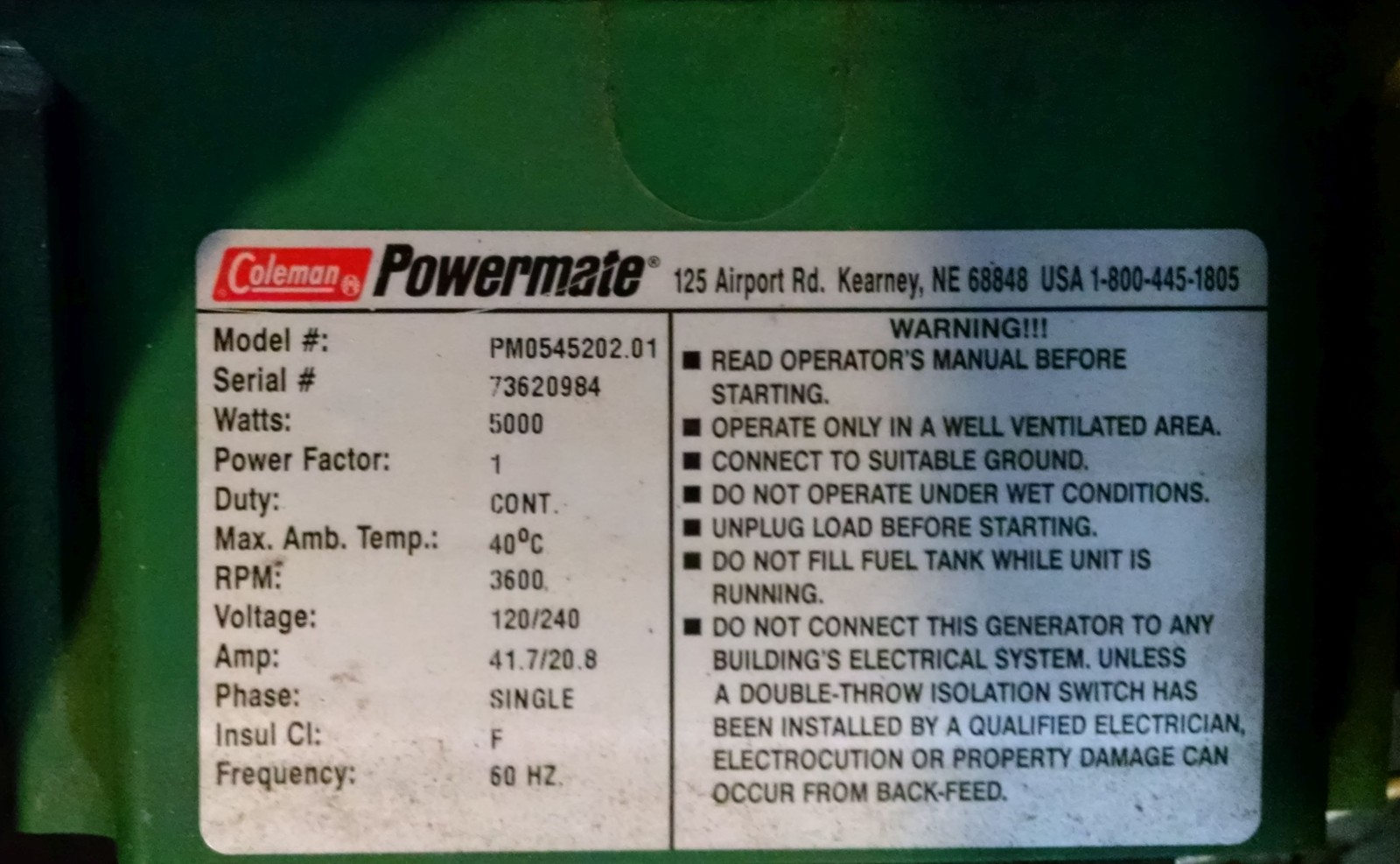 Coleman Powermate 5000W Powerbase ER Generator with a 10 hp B&S electric start
