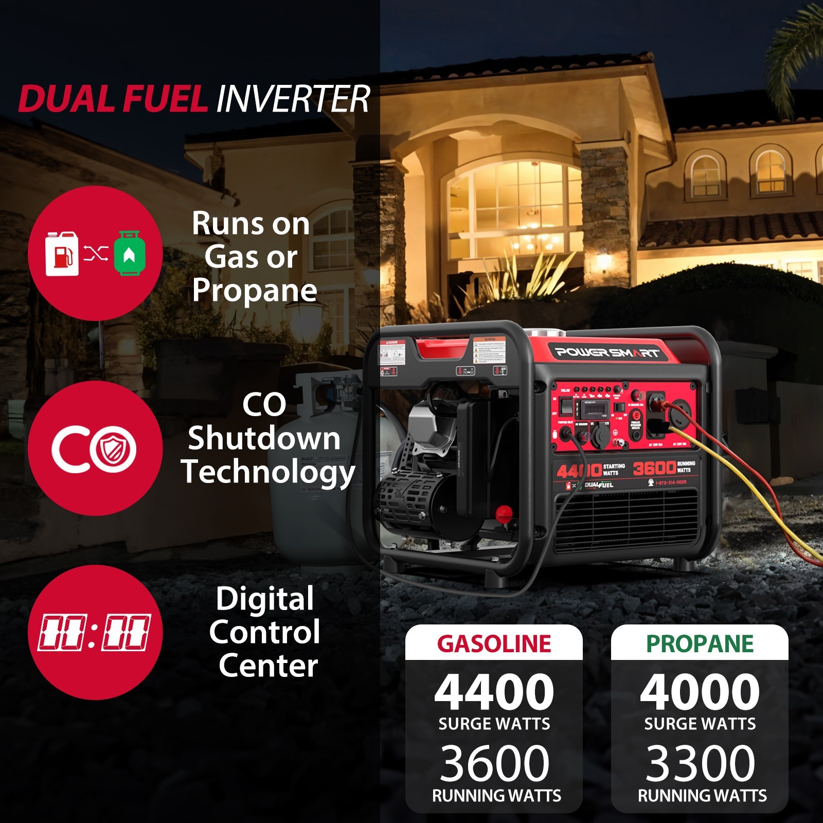 PowerSmart 4400W Dual Fuel Inverter Generator, 223cc, 120VOutput, 5.1hr Runtime