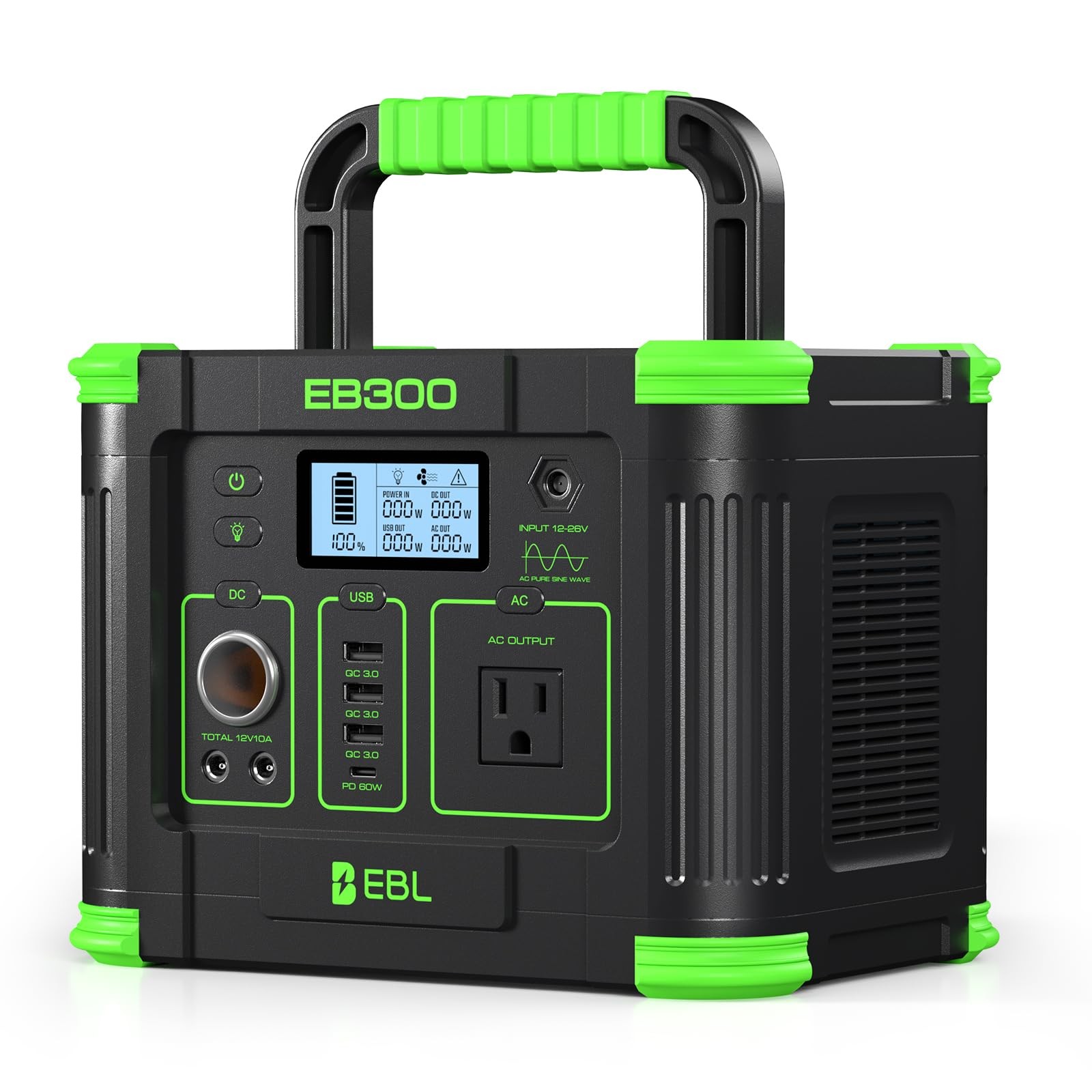 EBL Portable Power Station 288.6Wh 330W Solar Generator Pure Sine 300W, Green