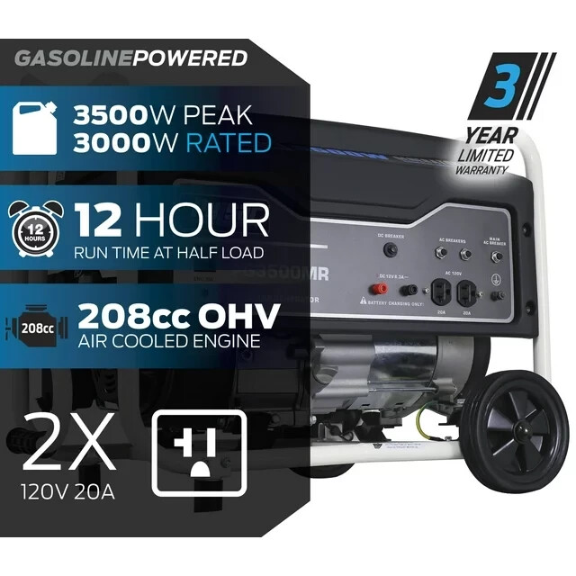 Pulsar PG3500MR 3500 Watt Portable Gasoline Powered Generator With 208 cc Ducar