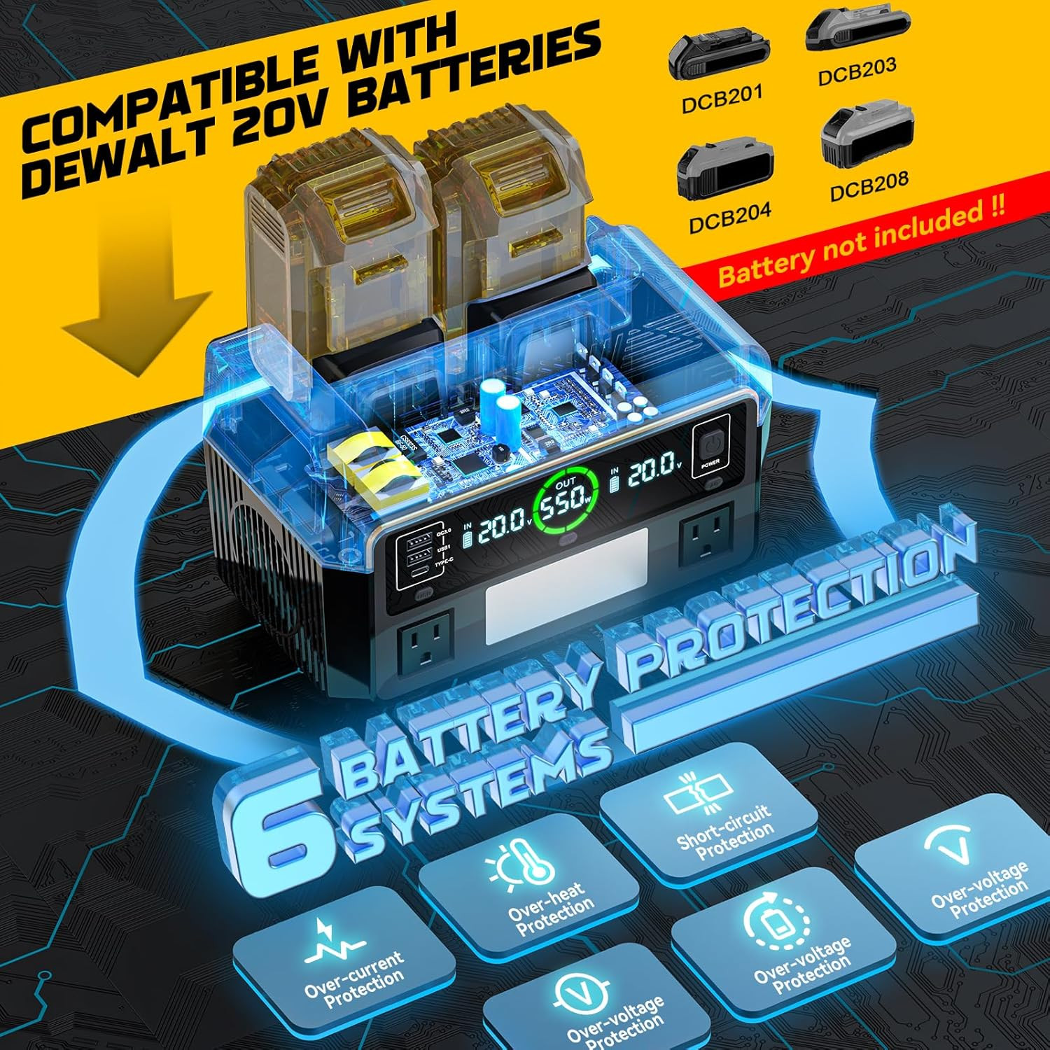 550W Power Station Compatible with Dewalt: Portable Generator DC 20V to AC 110-