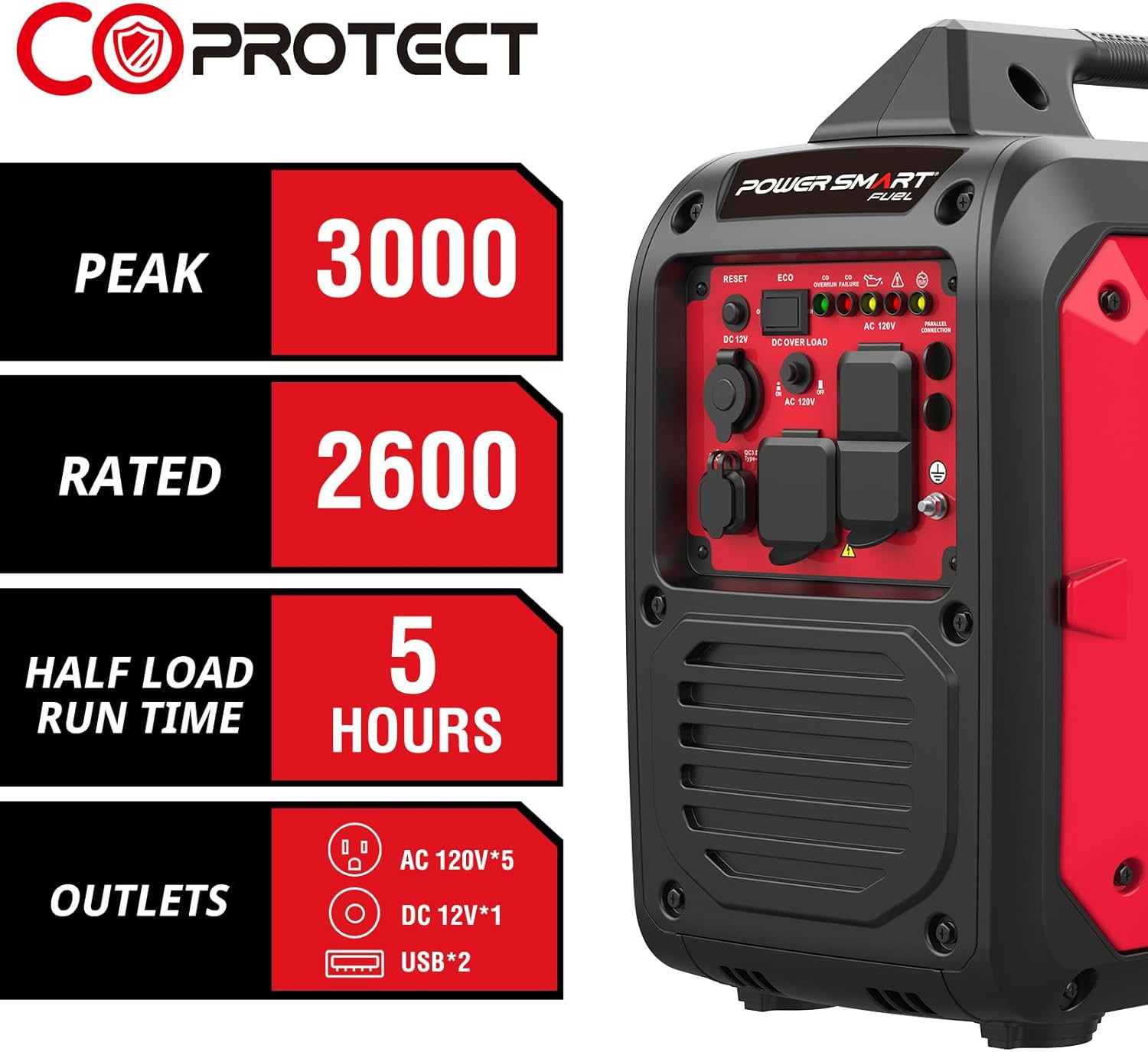 3000-Watt Portable Inverter Generator Gas Powered, Quiet for Camping