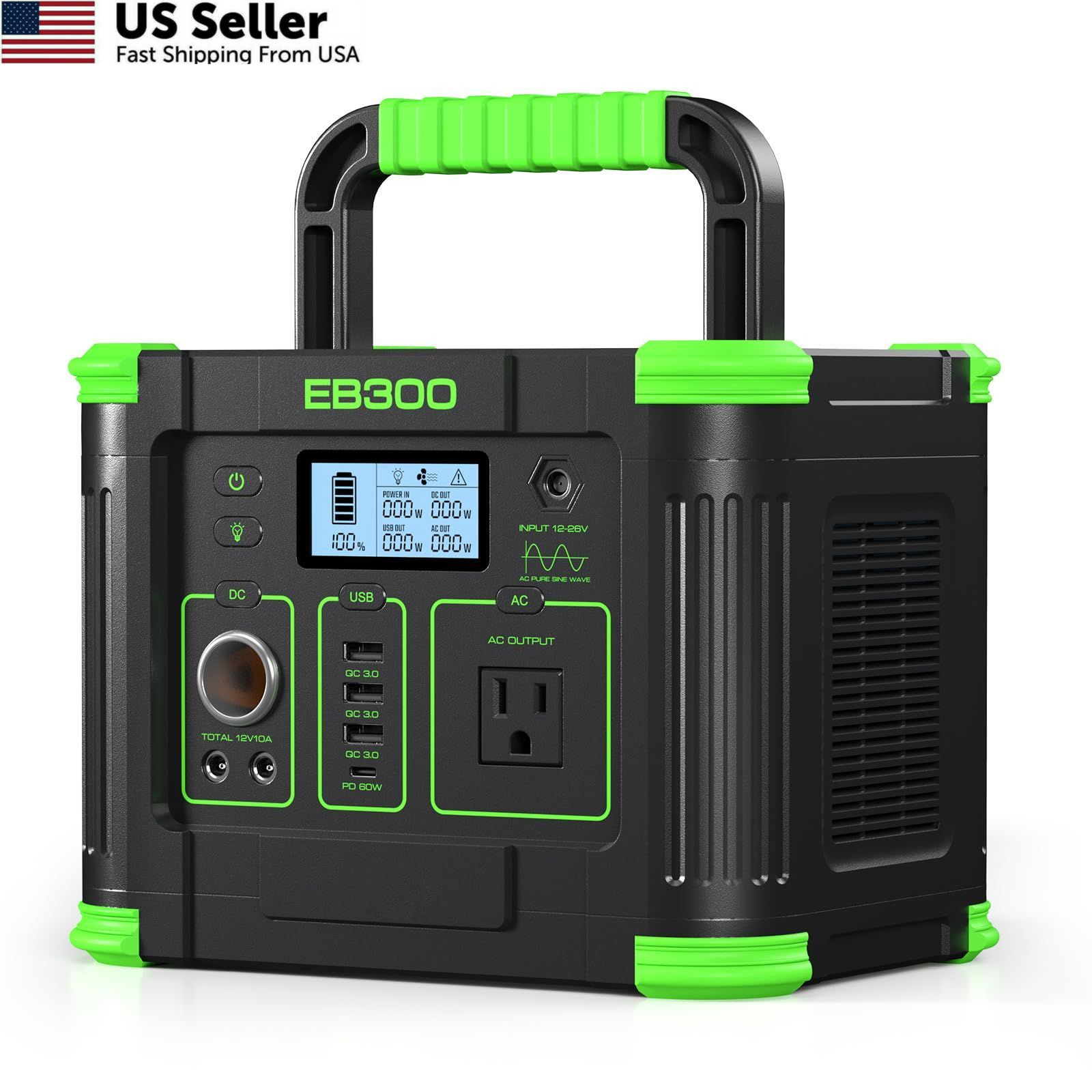 GRECELL Portable Power Station 300W, 288Wh Lithium Battery, 60W Fast Green