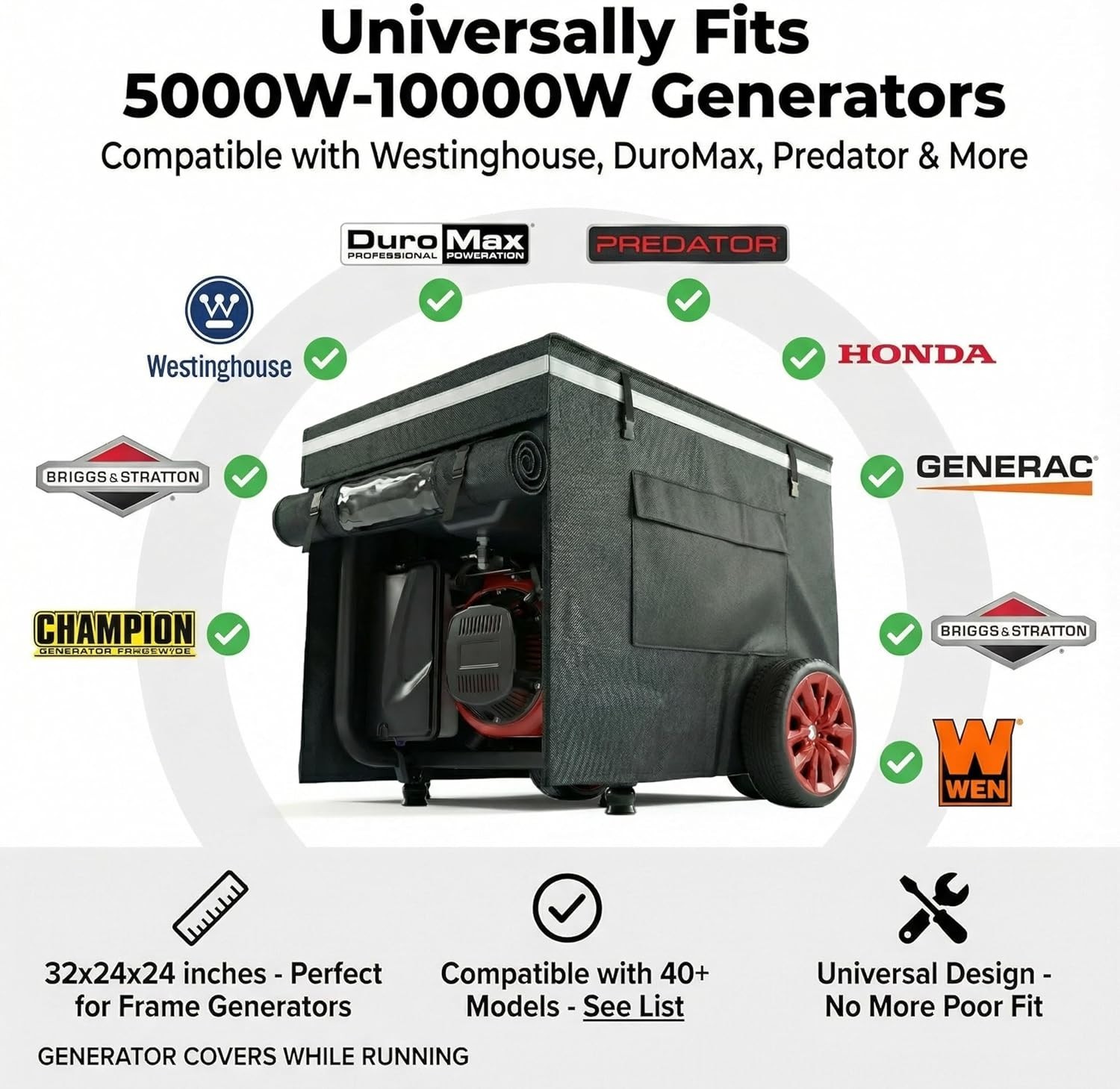 Durable Generator Cover 32″x24″x24″ 900D Waterproof, Running Use, Buckle Straps