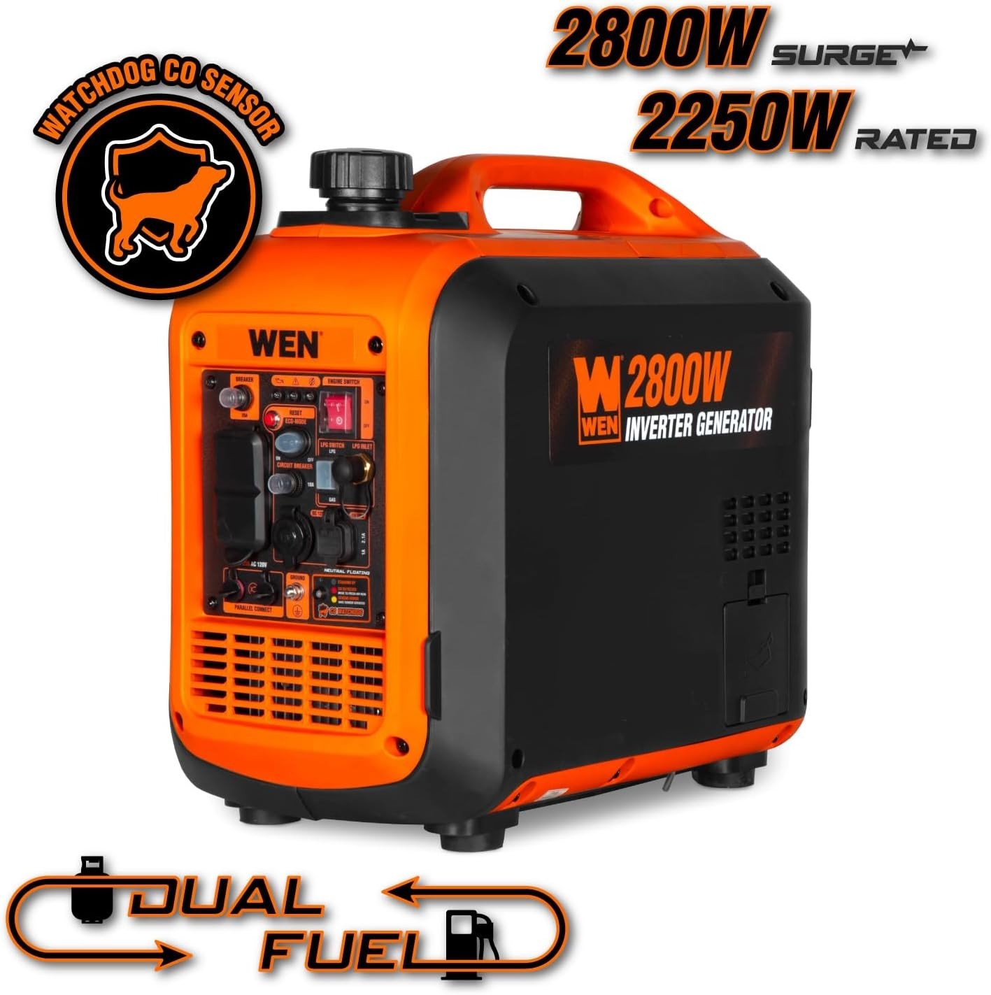 WEN 2,800-W Quiet Portable Dual Fuel Inverter Generator, Lightweight, CO Sensor