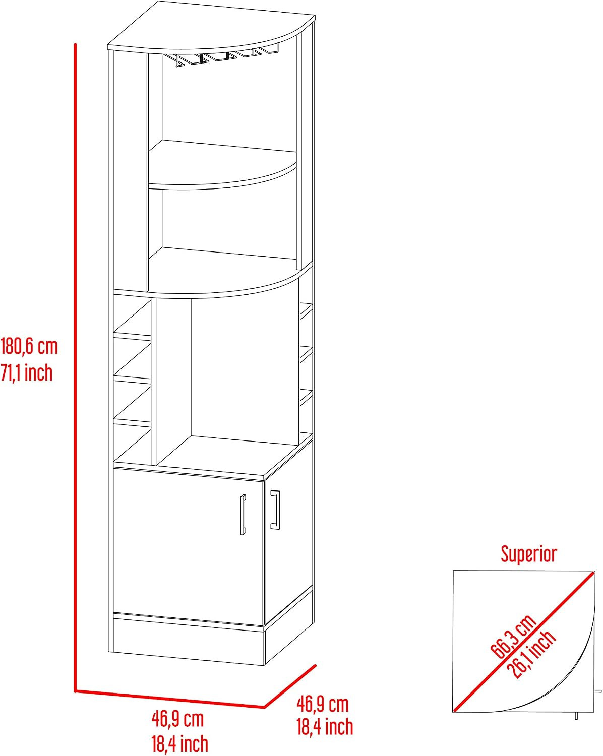 Corner Bar Cabinet with Two Shelves at the Top, Glass Holder, 8 Exterior Bottle