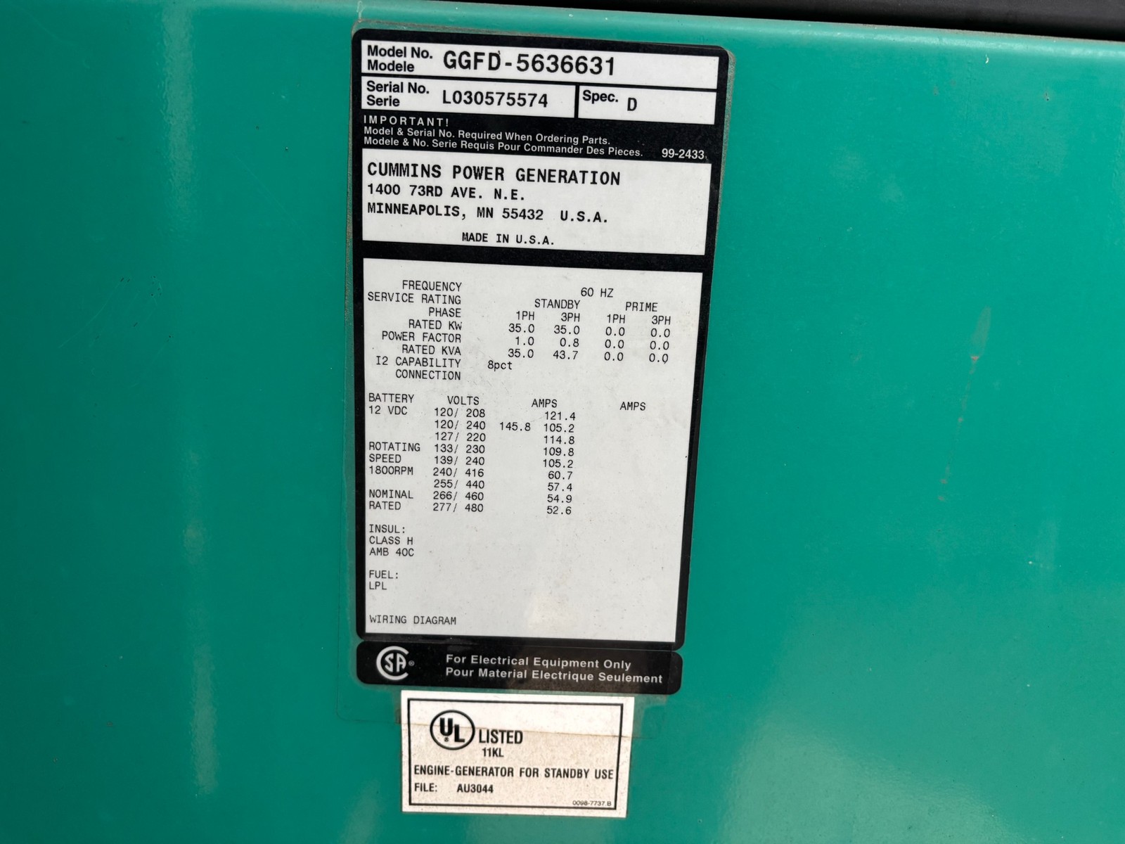 Cummins KW:35 Volts:120/240 AMPS:121.4 KVA:43.7 HRS:801 GGFD-563663
