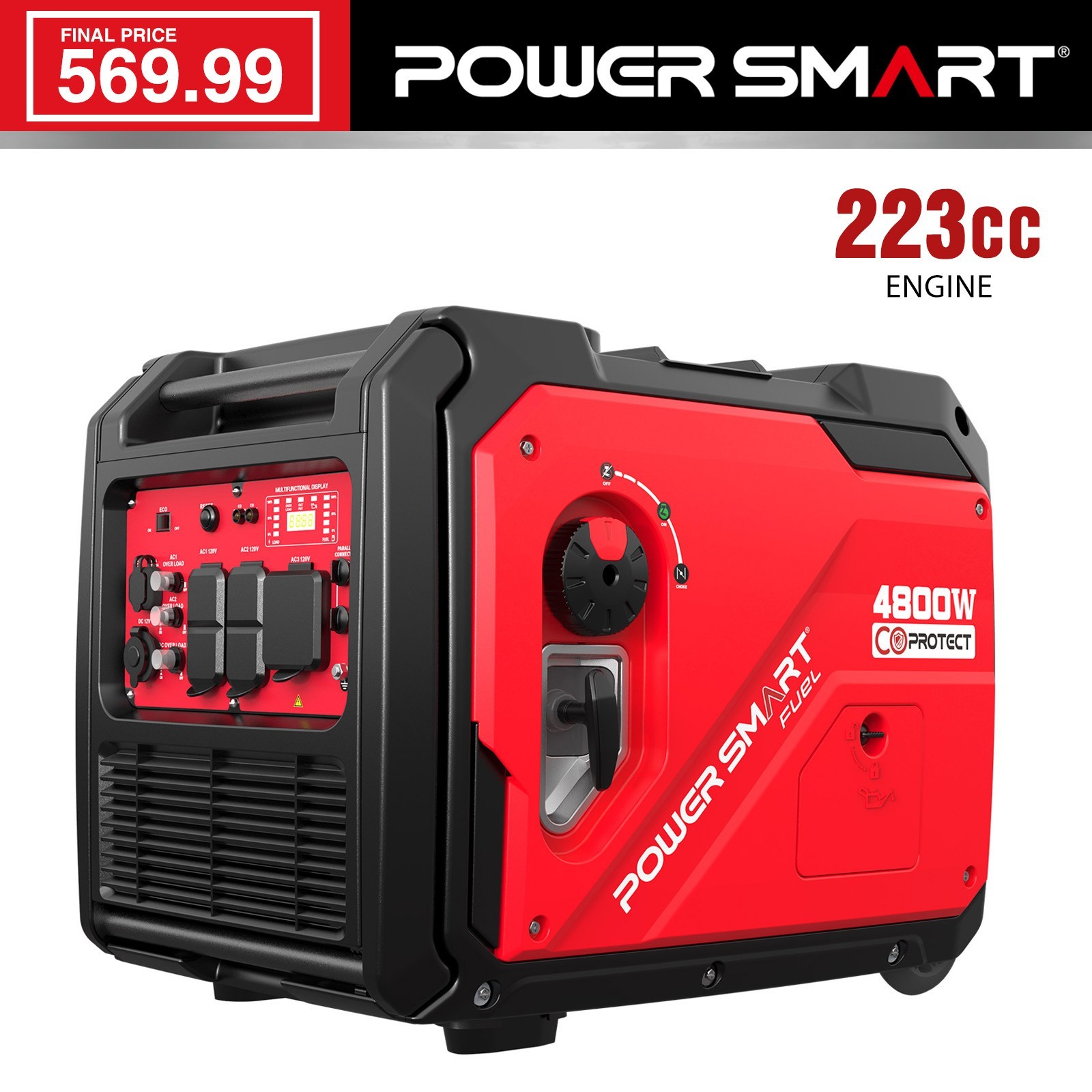PowerSmart 4800W Gas Inverter Generator, 223cc, 10H Runtime, Parallel Ready, CO