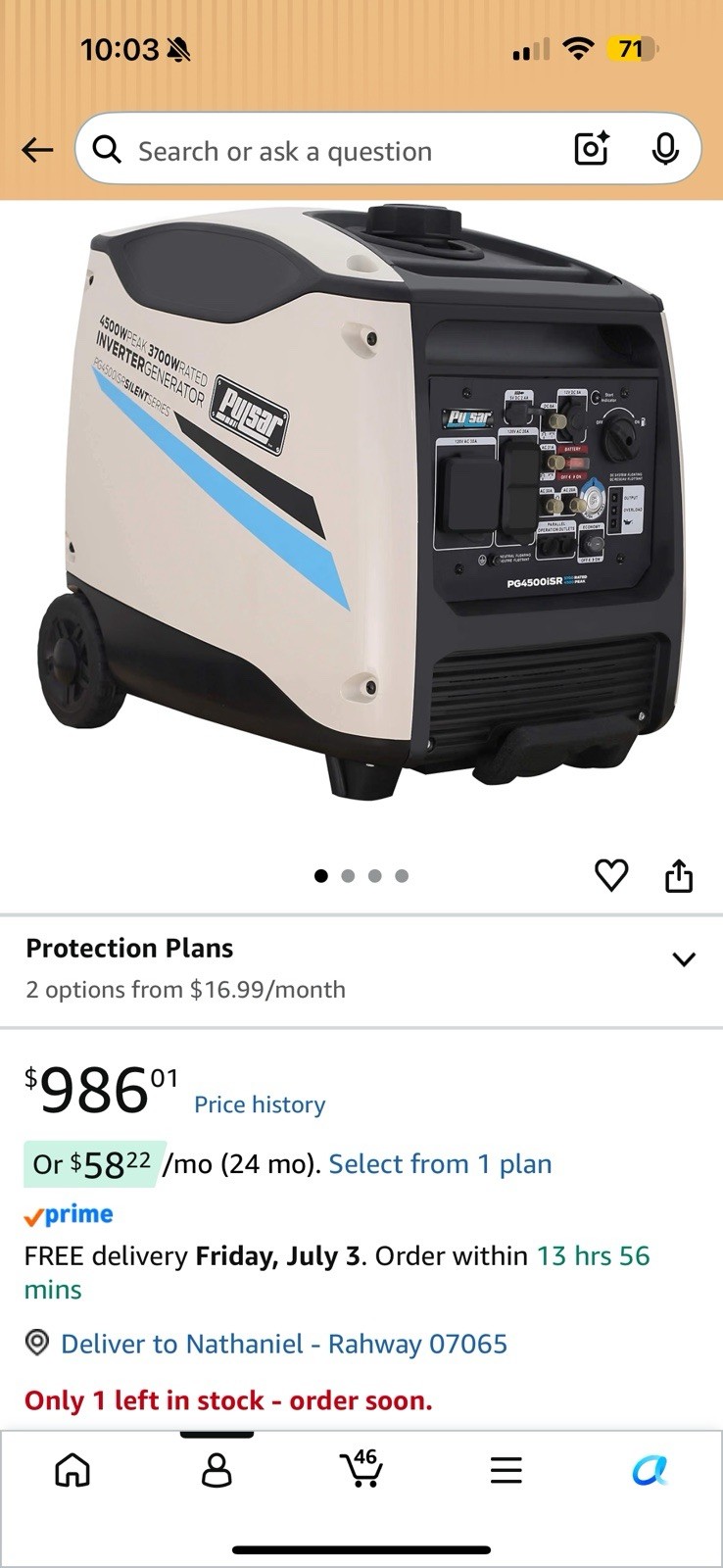 Pulsar G450RN 4500W silent Inverter Generator-Price is $800- text me