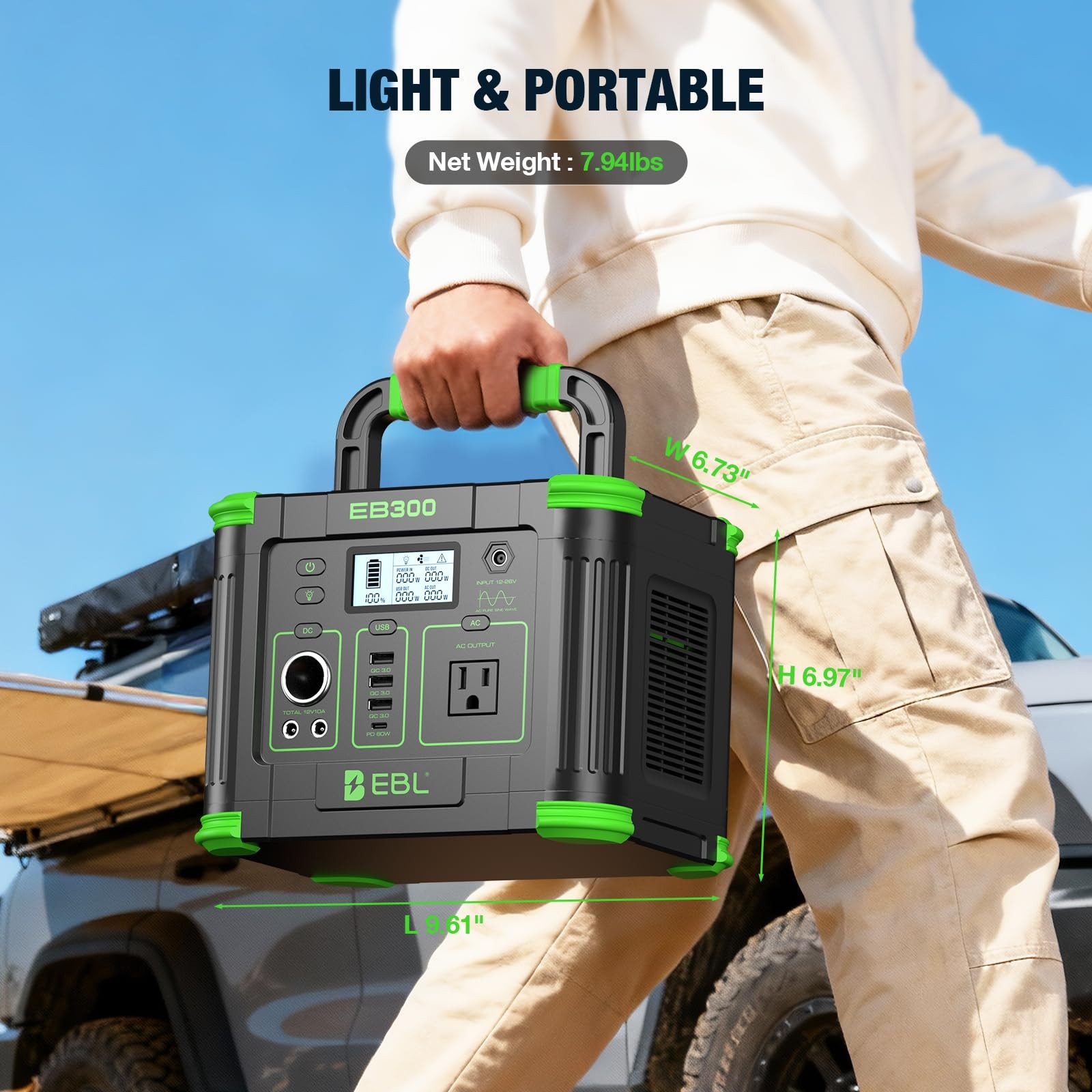 EBL Portable Power Station 288.6Wh 330W Solar Generator Pure Sine 300W, Green