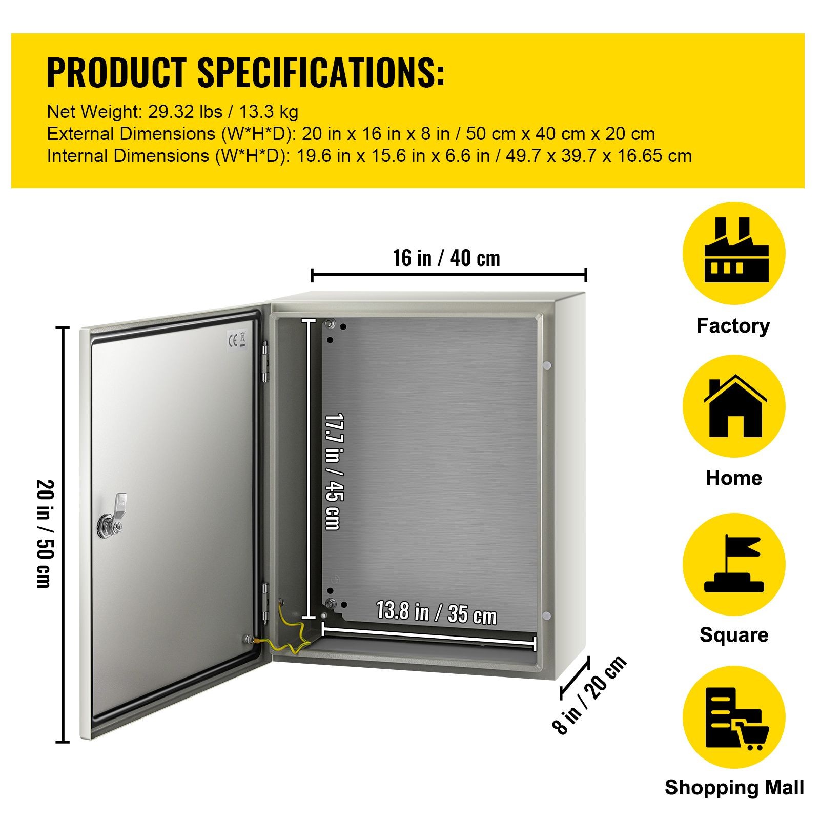 NEMA Steel Case, 20x16x8” NEMA 4X Metal Electric Enclosure, IP66 Water & Dust
