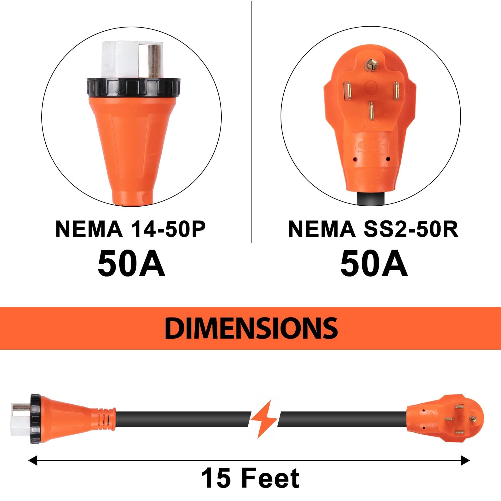Welluck 50 Amp Emergency Power Combo Kit Ss2-50 Inlet And 15 Ft Cord Nema