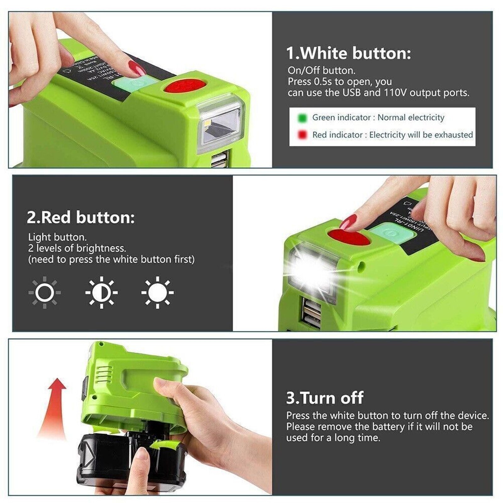 For Ryobi 18V 150W Power Source Battery Inverter w/ Dual USB Ports & LED Light