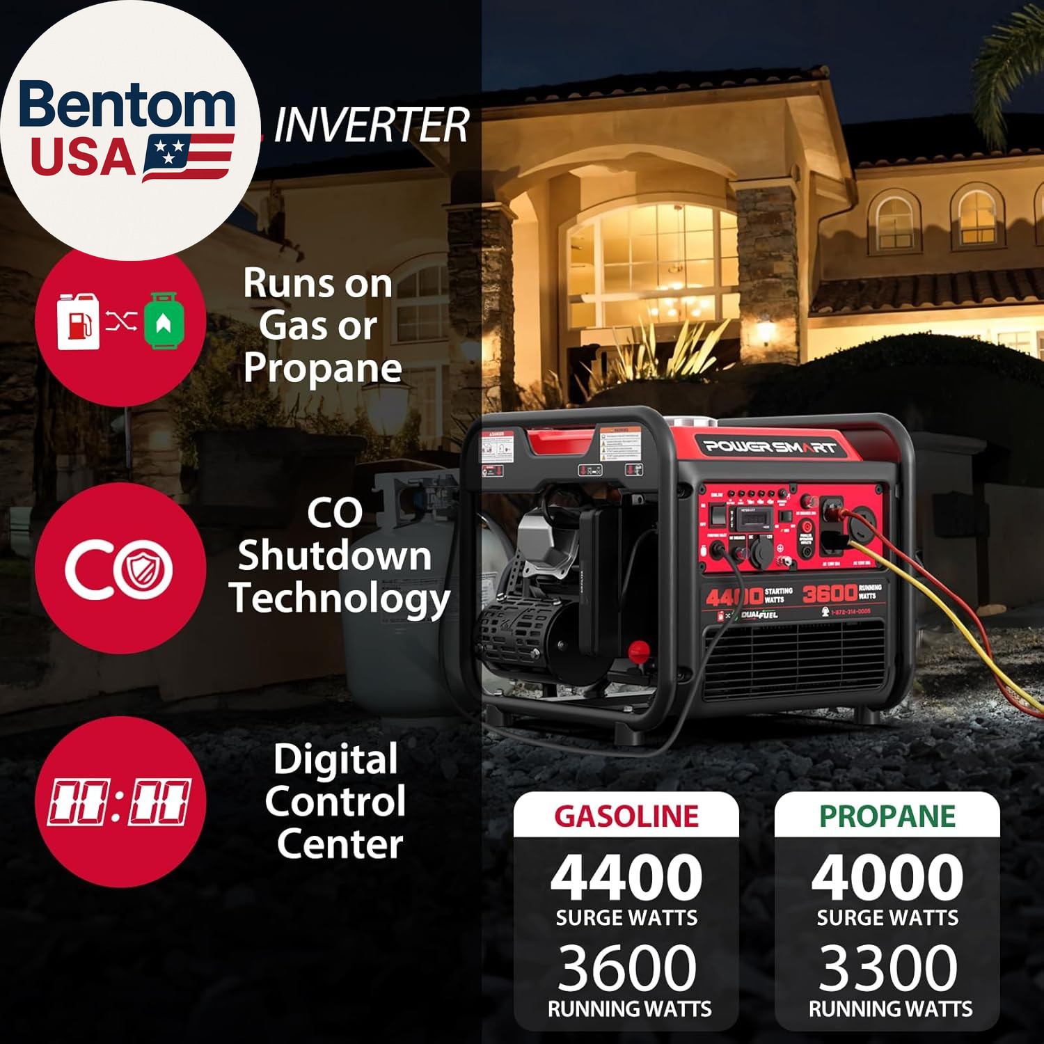 4400-Watt Dual Fuel Portable Inverter Generator, Gas Powered, Co-Sensor, Lightw