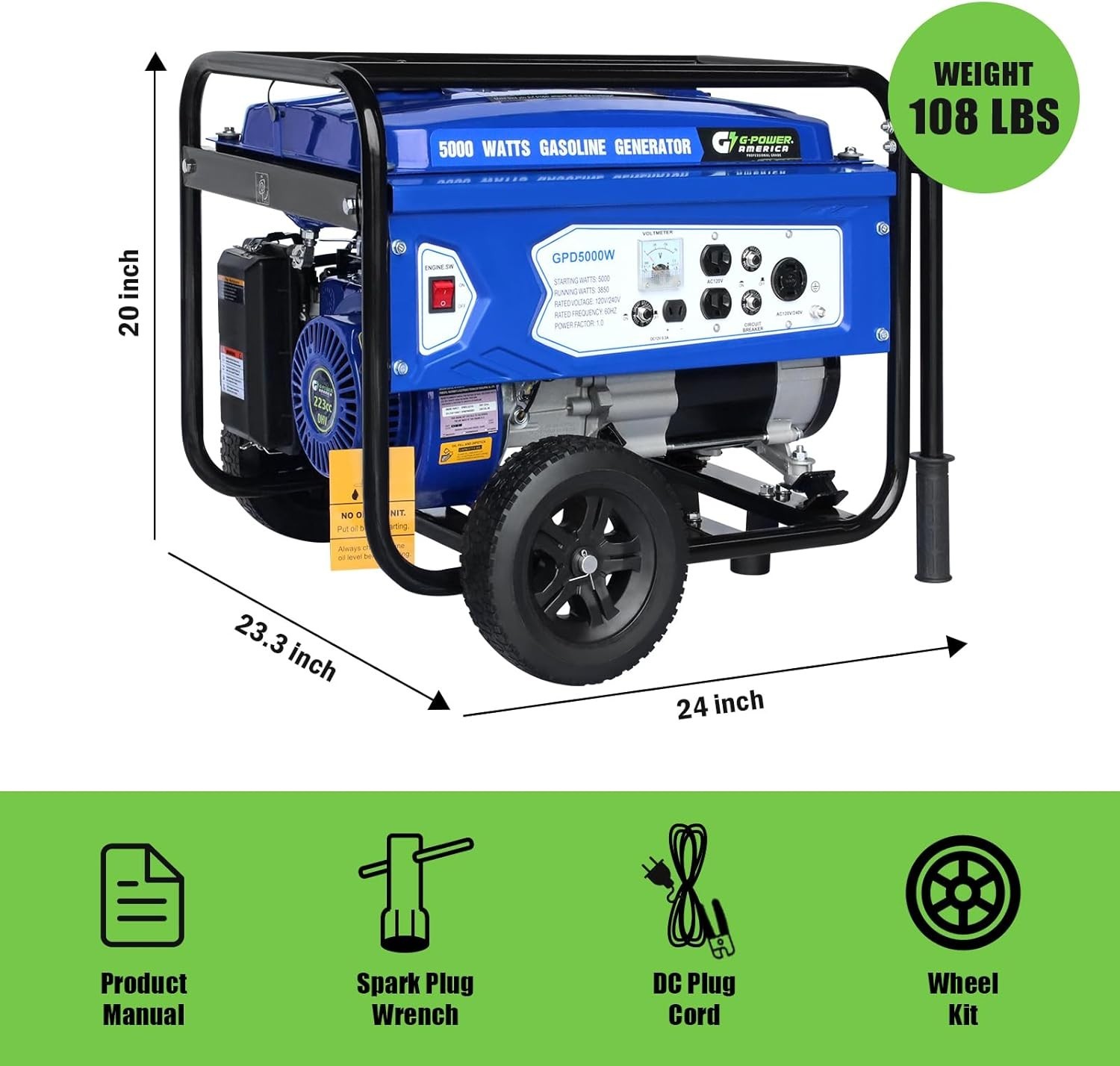 Green-Power 5,000-Watt Portable RV Ready Gas Powered Generator with Wheel Kit