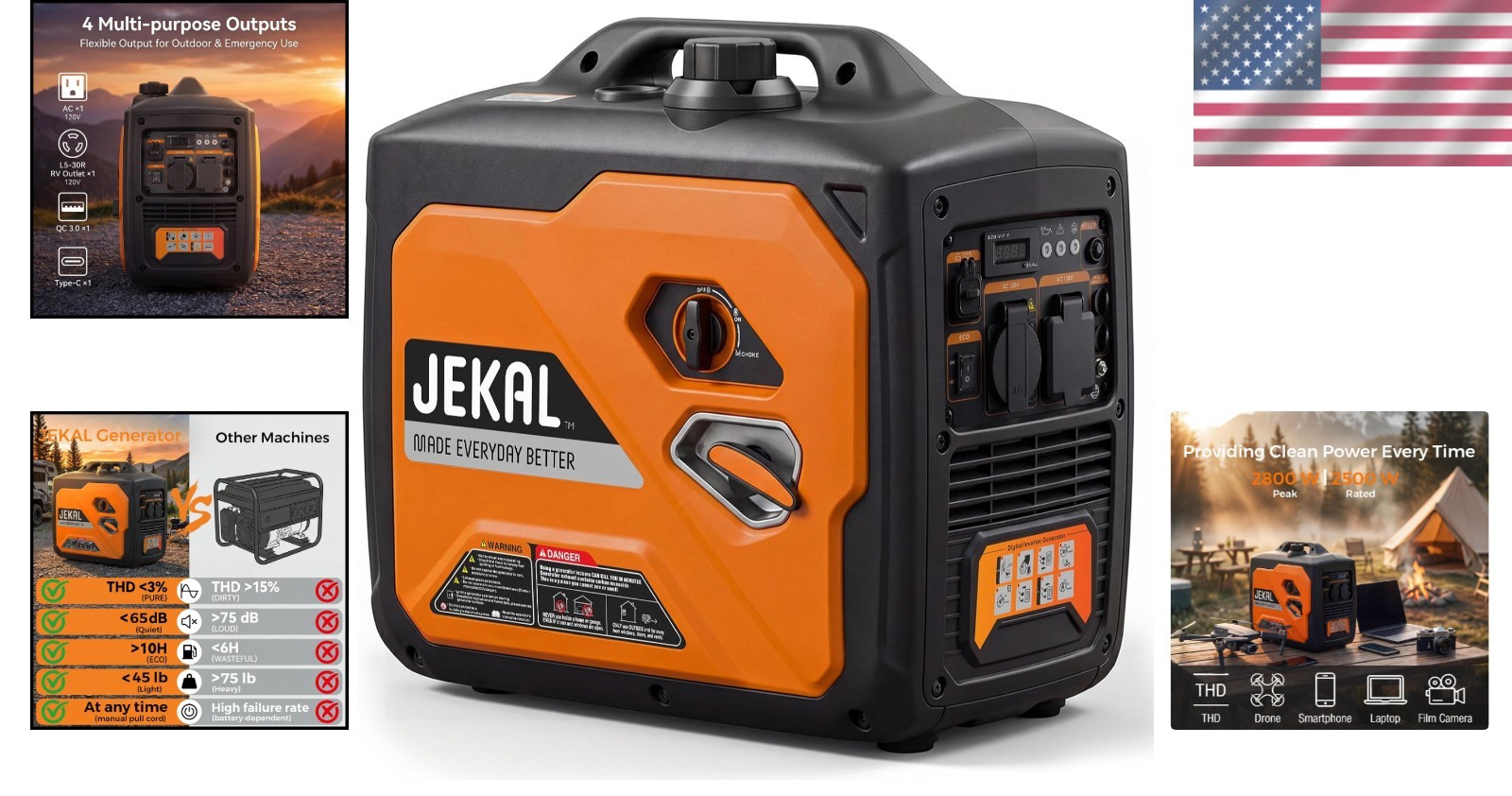 Portable Generator 2800W Peak Gasoline Inverter Compact Quiet RV Camping Power
