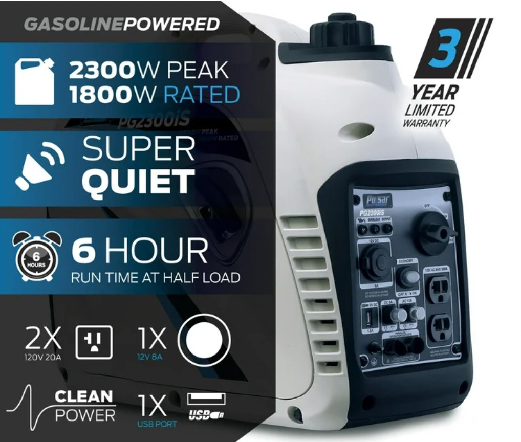 Pulsar 2300-Watt Super Quiet Gasoline Powered Inverter Generator with USB