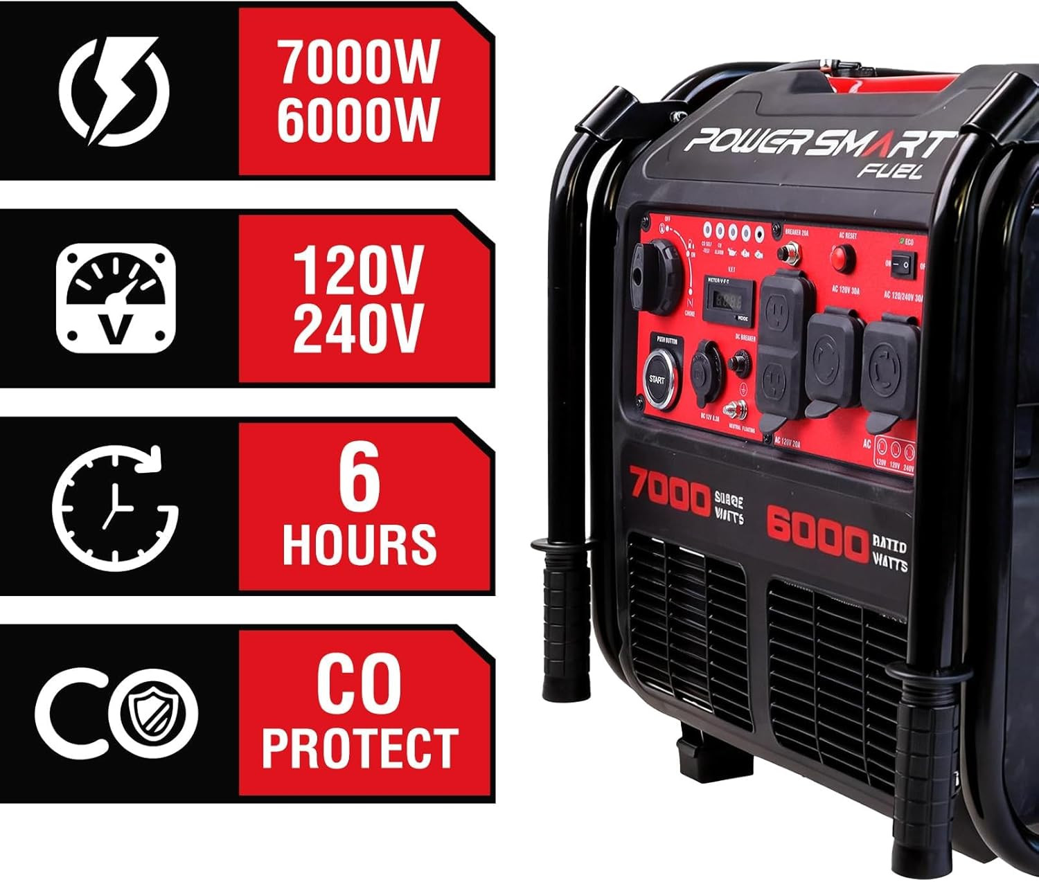 7000W Surge/6000W Rated Portable Inverter Generator, 120V/240V Dual Voltage, Ele
