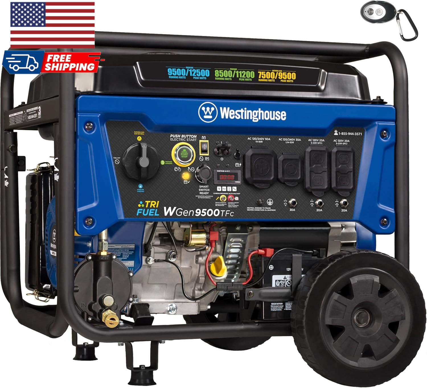 Westinghouse 12500 Peak Watt Tri-Fuel Home Backup Portable Generator Remote