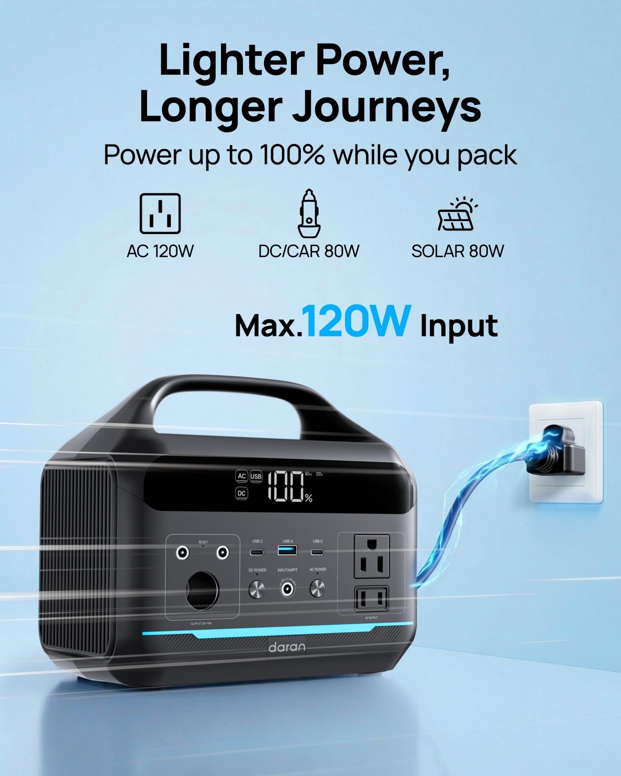 DARAN Portable Power Station 600W(1200W Surge) – 288Wh Solar Generator Black