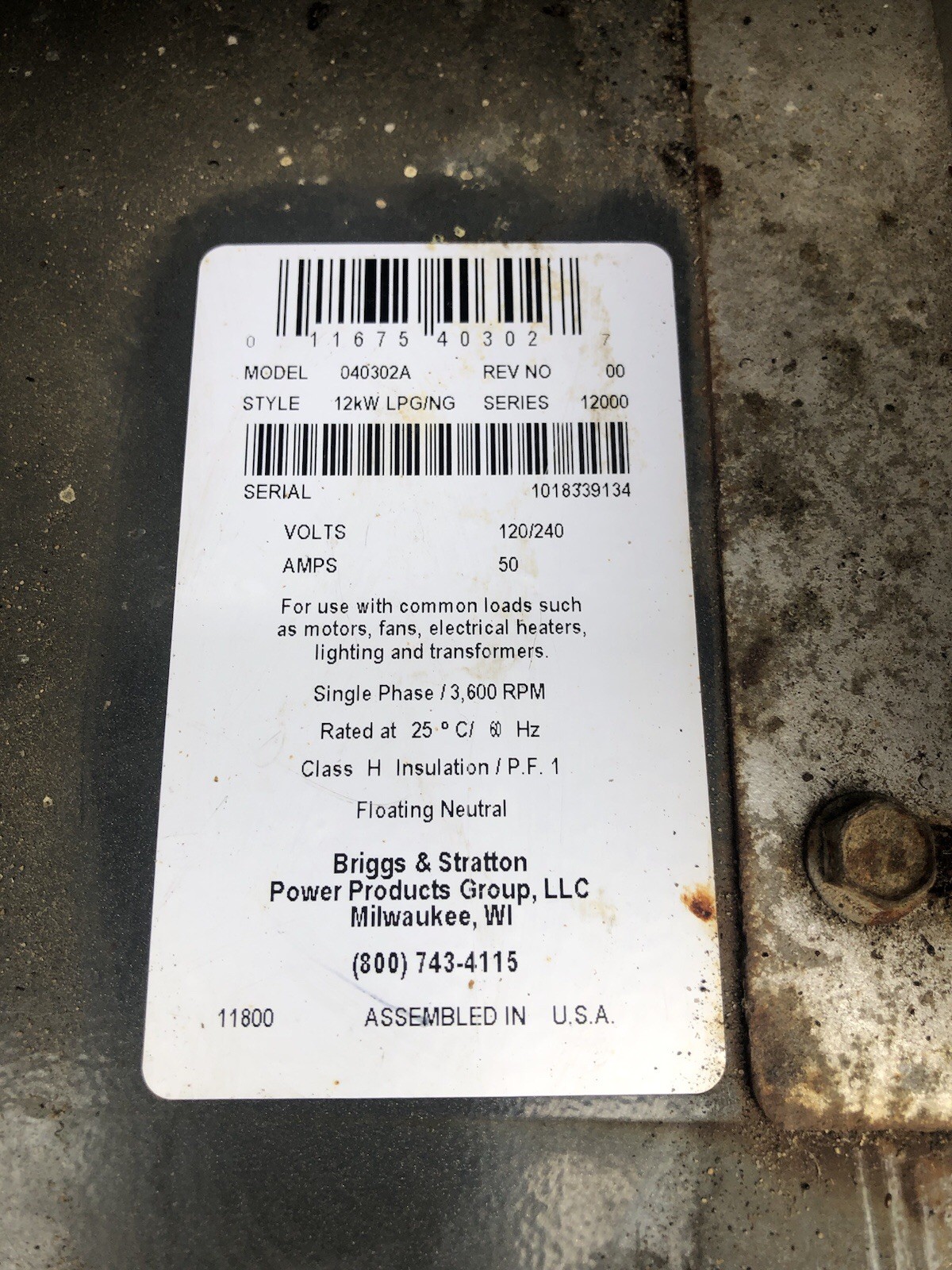 12KW Briggs and Stratton Home Generator, Model 040302A