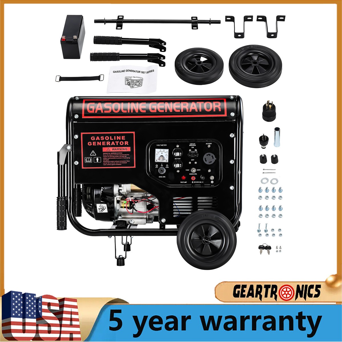 Gas Powered Generator 110V for Home Backup Camping Job Site with Movable Wheels