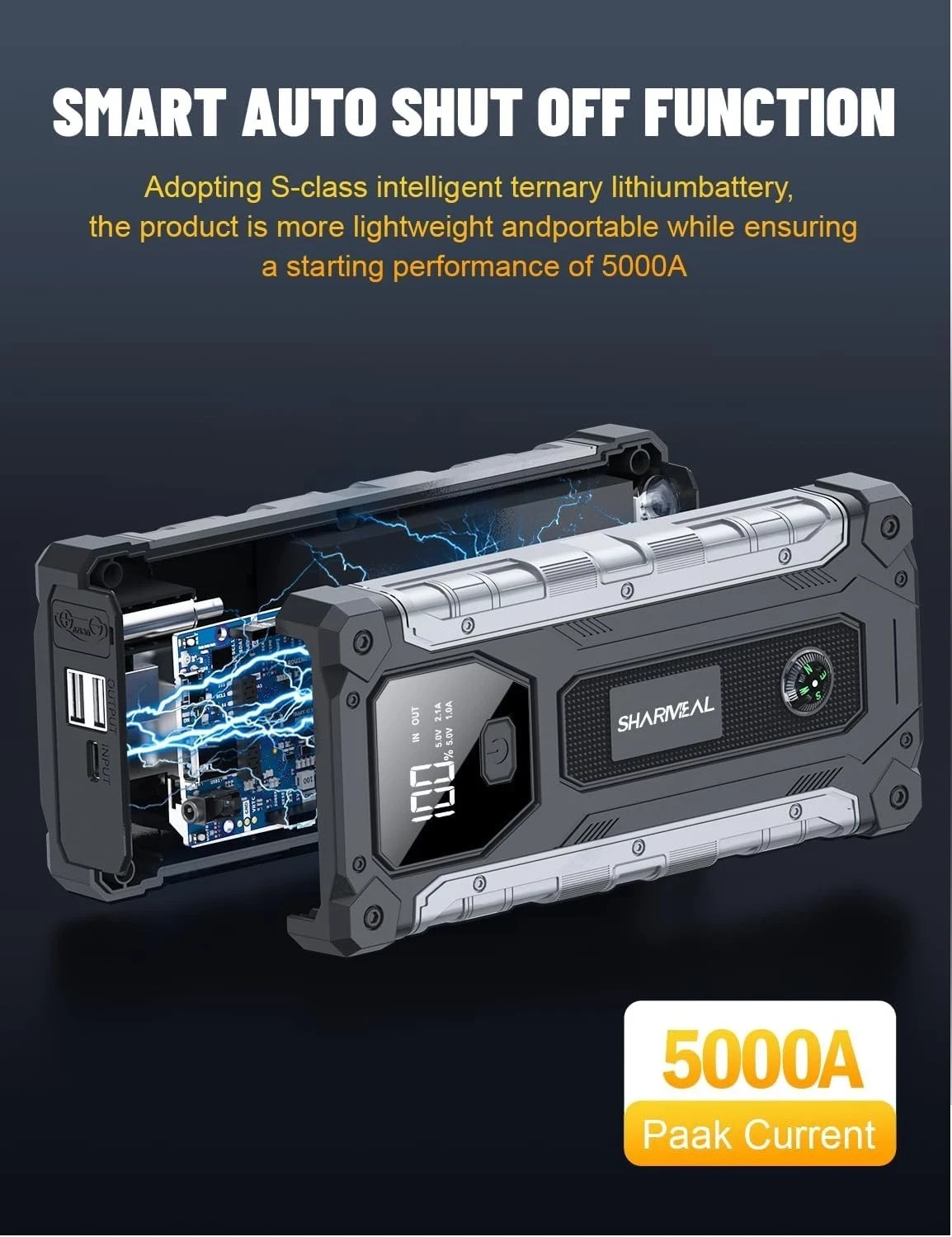 Arrancador Portatil 5000A Para Auto 12V 10L Gas 9L Diesel Bateria Luz Emergentes