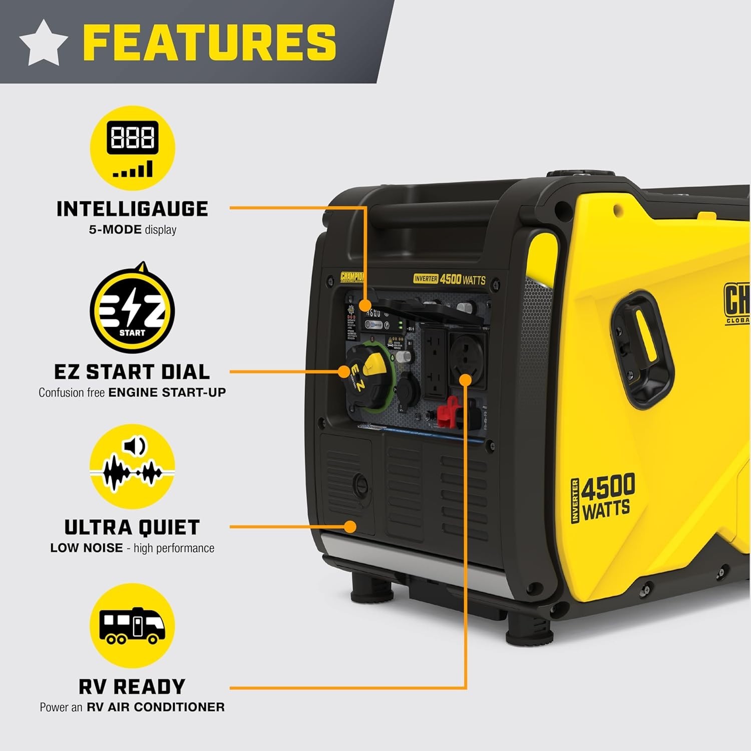 Champion 4,500-W Super Quiet Portable RV Ready Gas Inverter Generator, CO Sensor