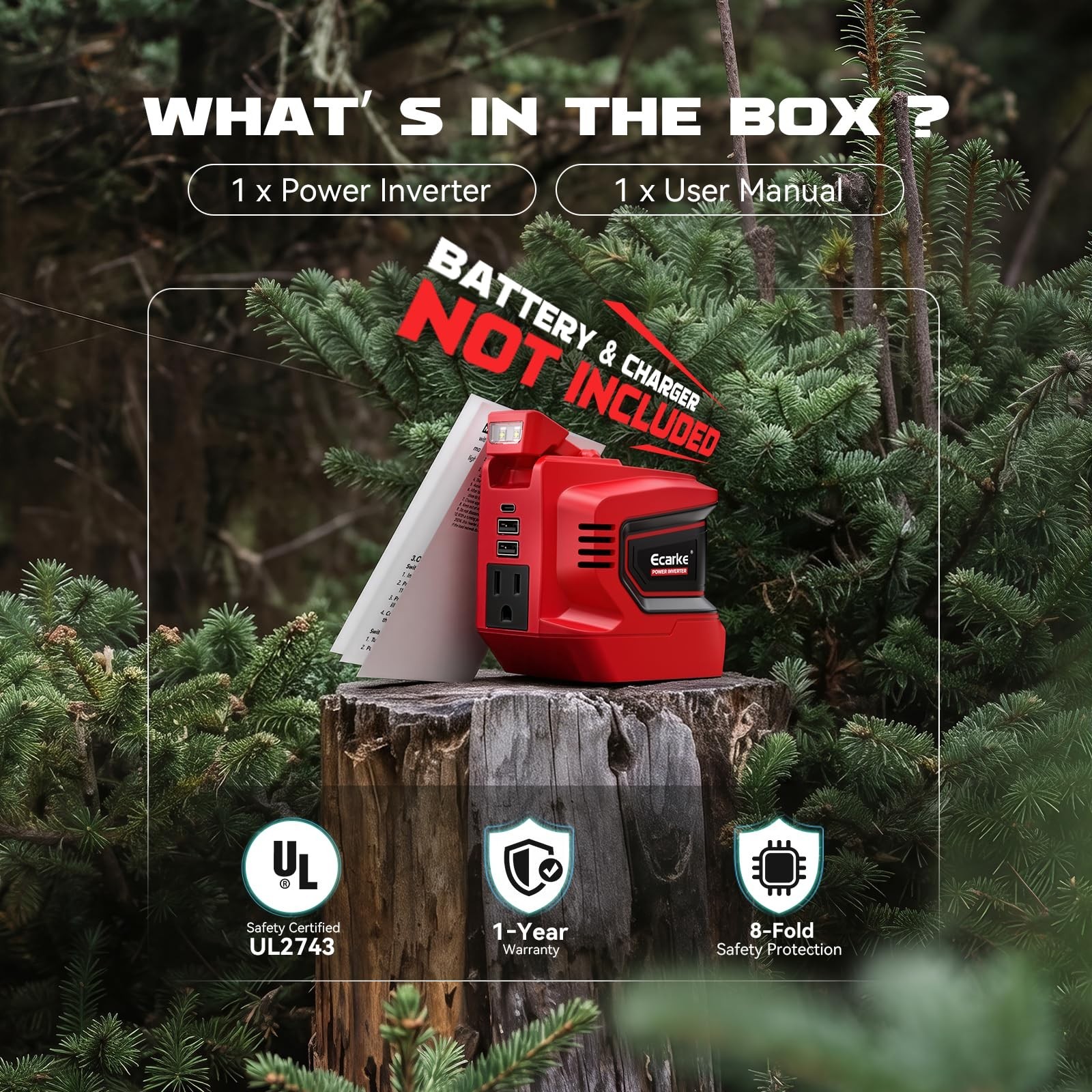 220W Portable Power Inverter for Milwaukee 18V Battery, AC 110V, 2 USB-A, Type-C