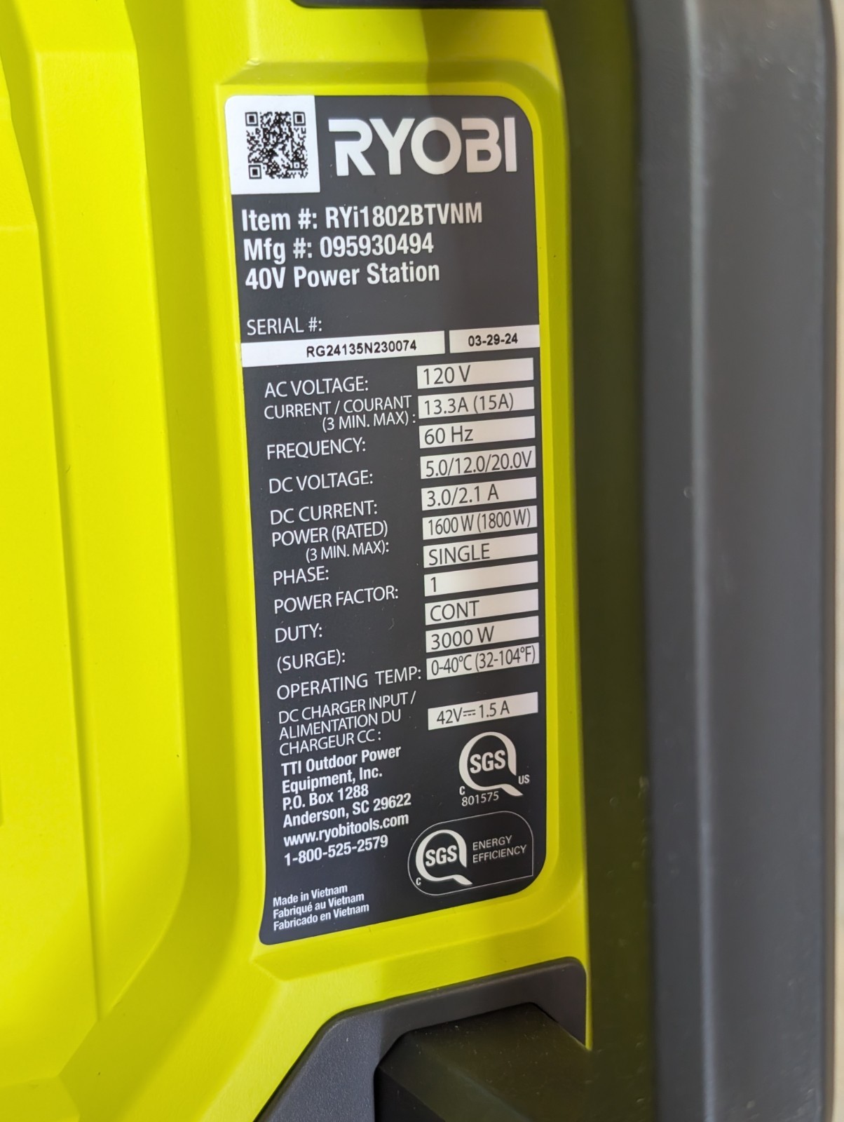 Ryobi RYi1802BTVNM, 40Volt – 3000Watt Power Station Generator WITH 4 BATTERIES!