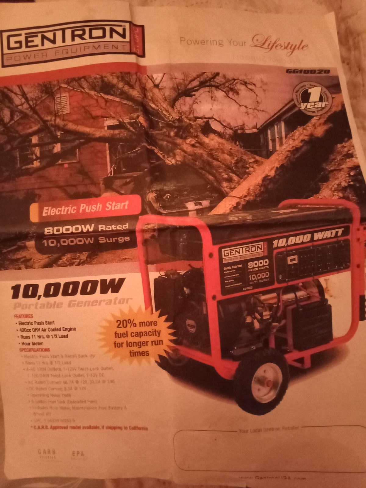 Gentron GG10020 8,000W / 10,000W Portable push start runs 11 h Wr Electric Start