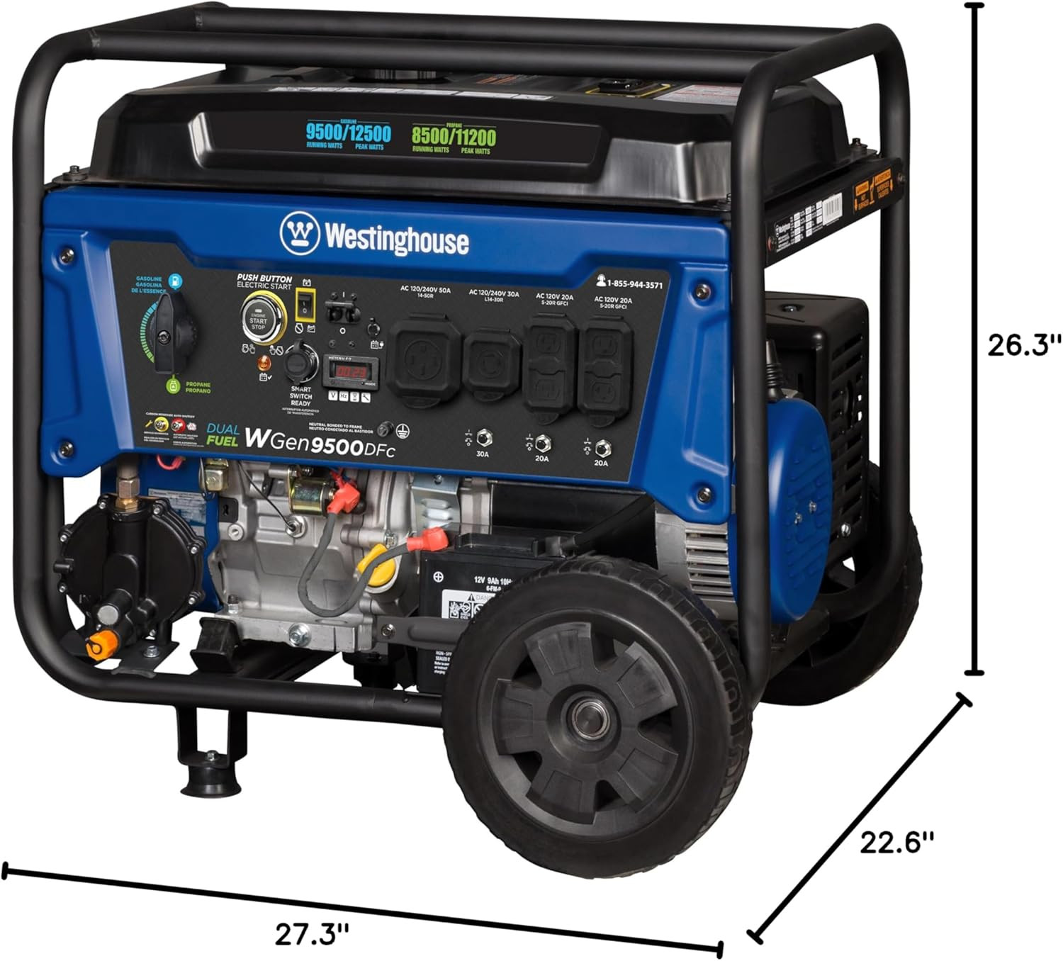 12500 Peak Watt Dual Fuel Home Backup Portable Generator, Remote Electric Start,